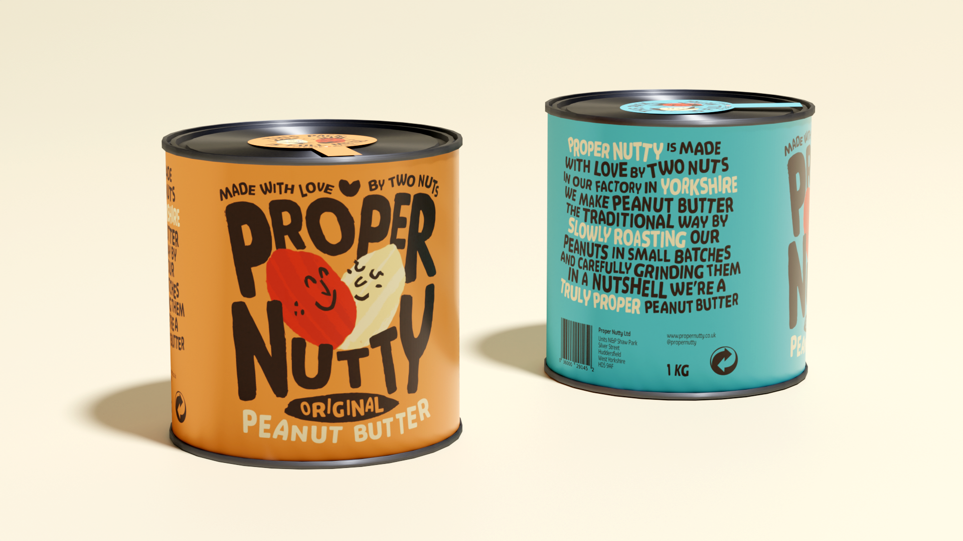 Packaging concept for Proper Nutty Peanut Butter by Eoin O'Kramer mocked up onto tins, illustrations of peanuts and text.