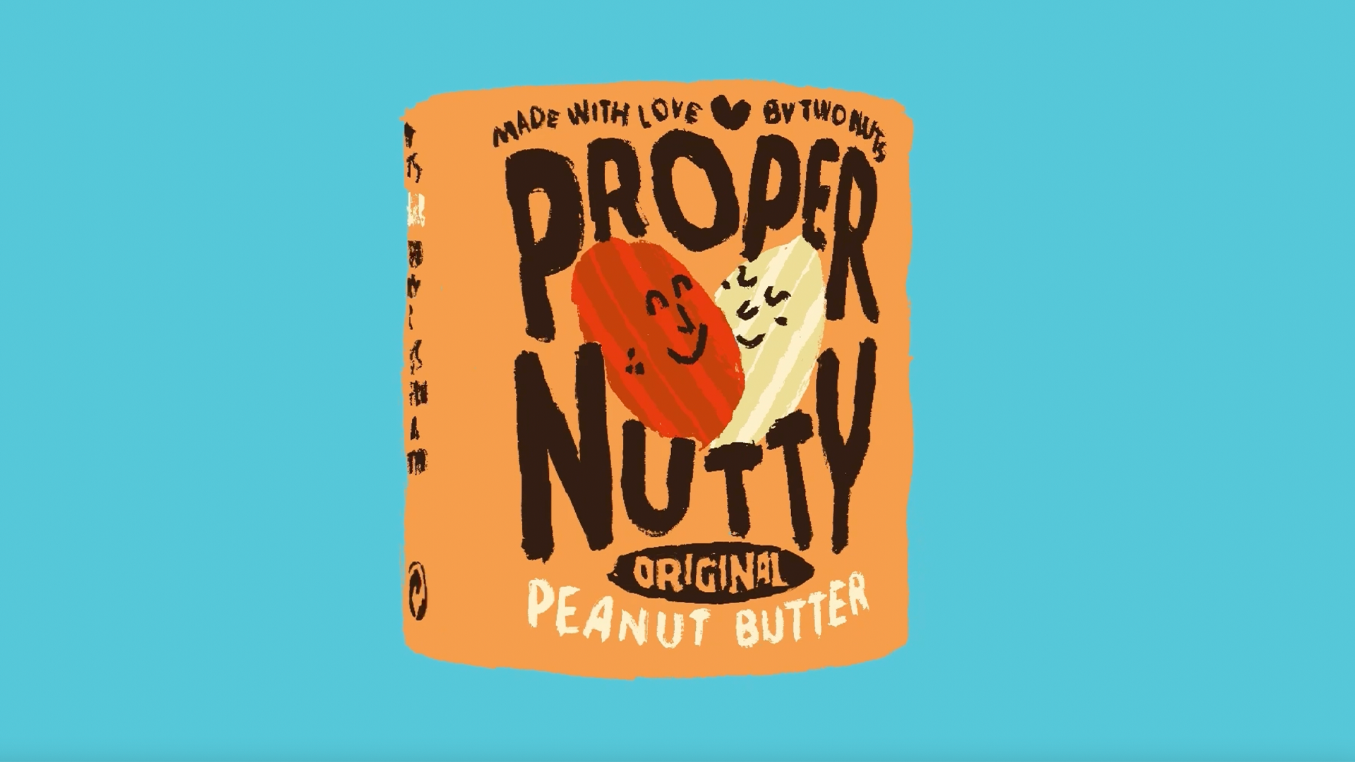 Video concept for Proper Nutty Peanut Butter by Eoin O'Kramer. Thumbnail has neutral coloured 'proper nutty' packaging design with text and peanutes on a blue background.