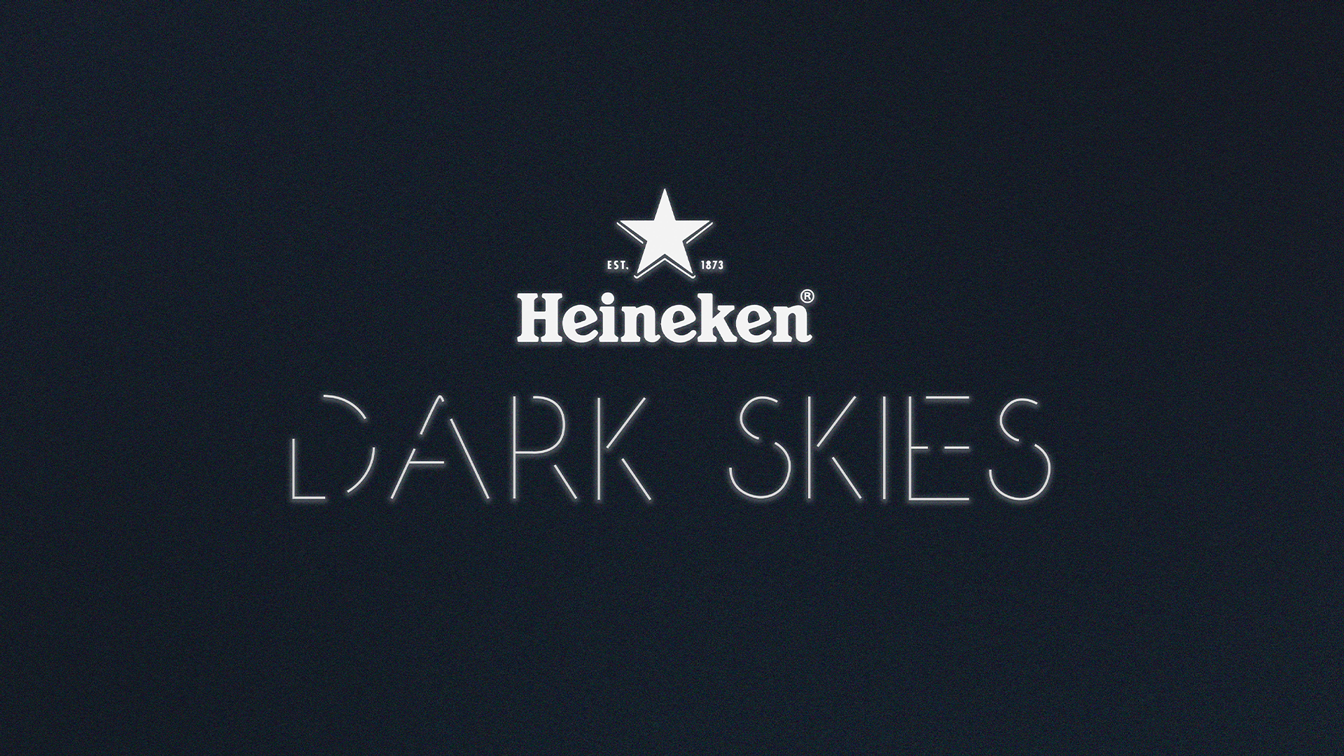 Video for campaign concept for Heineken Beer, focused on reclaiming dark skies. Thumbnail says 'Dark Skies' in white with heineken logo above on dark background.