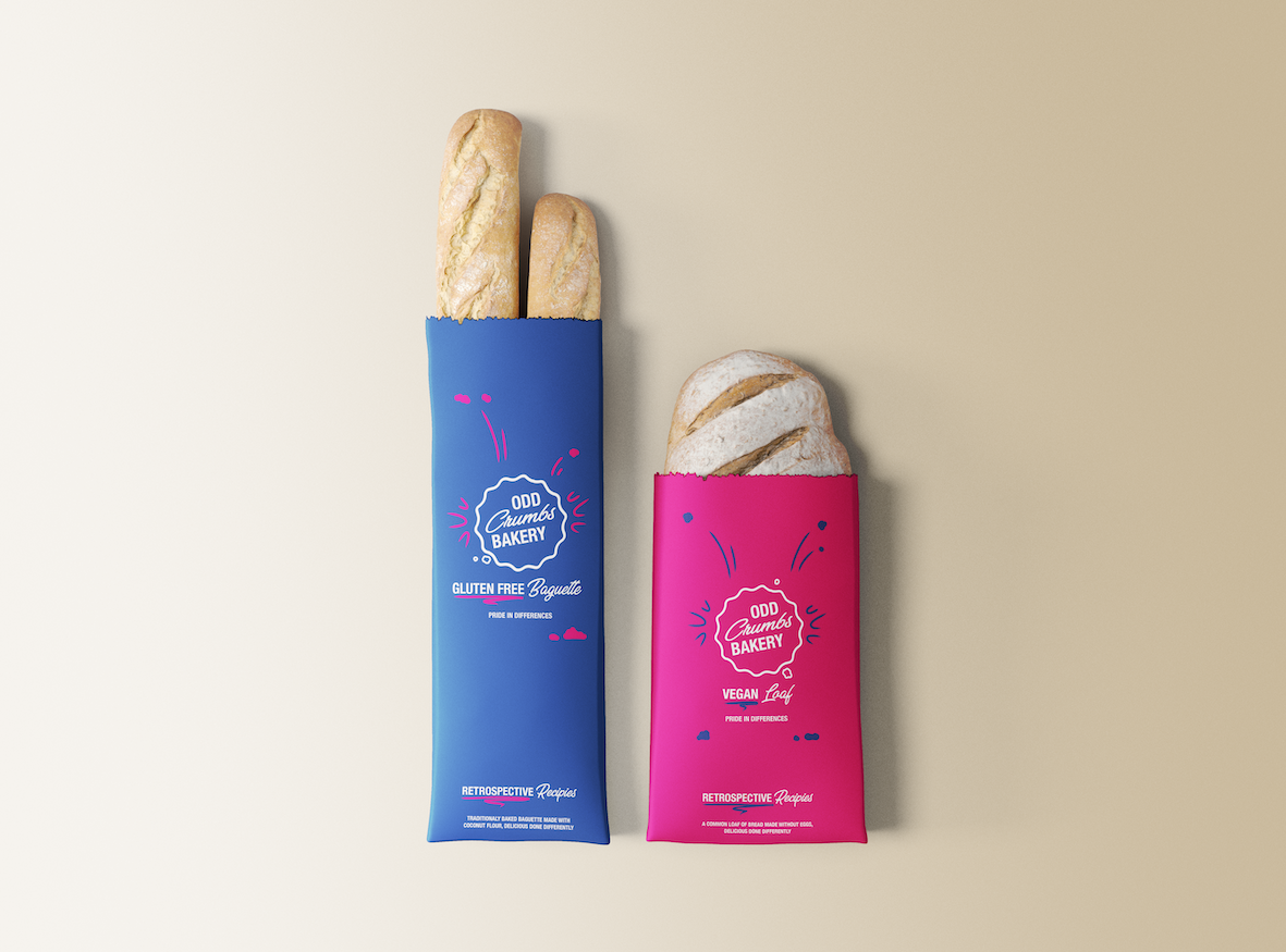 Two forms of bright and colourful bread packaging, with illustrations of movements and crumbs.