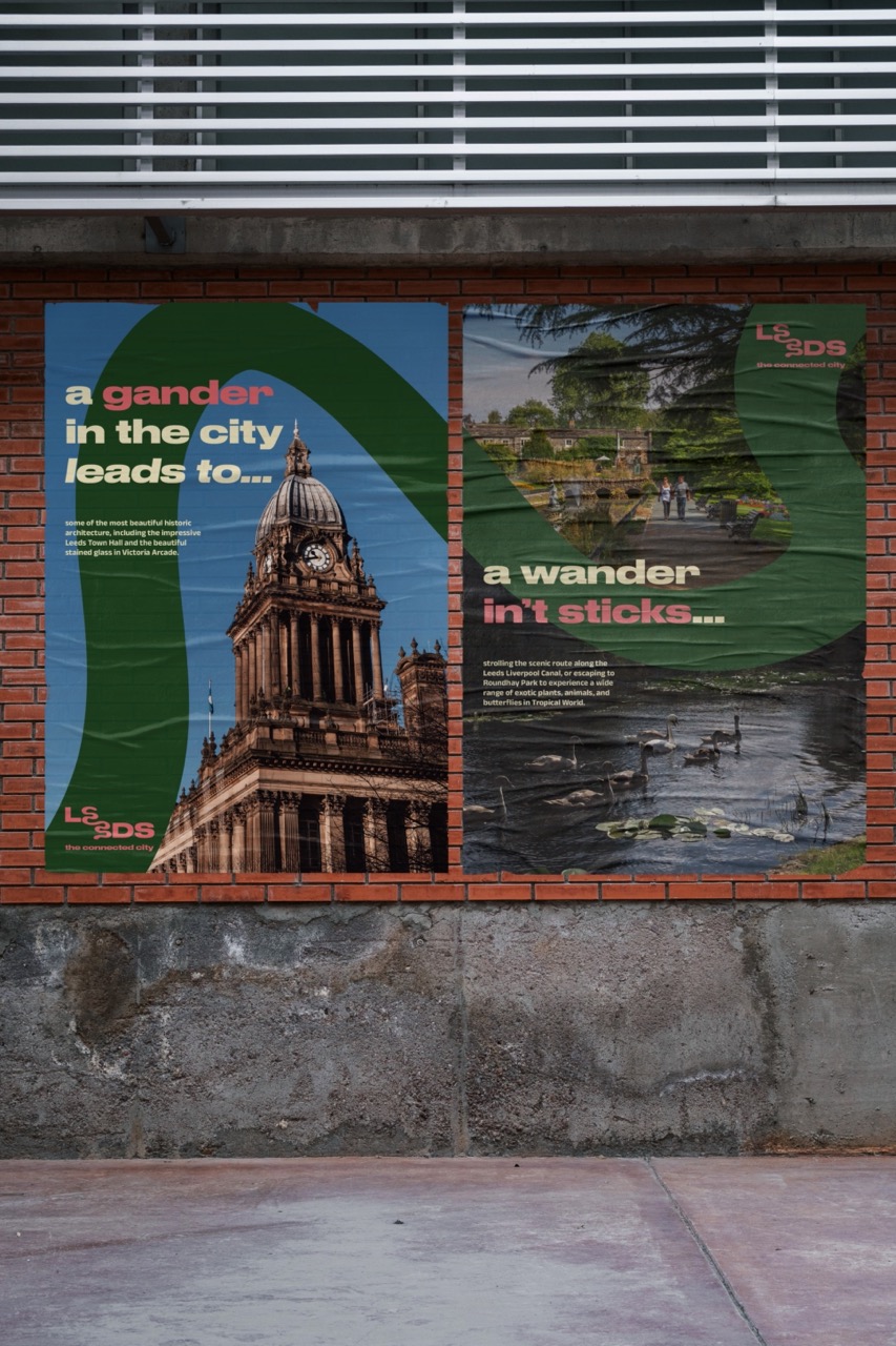 Poster advert for the city of Leeds by Estelle Knowles including imagery of leads with green curved line around important places and copy over the top about Leeds.