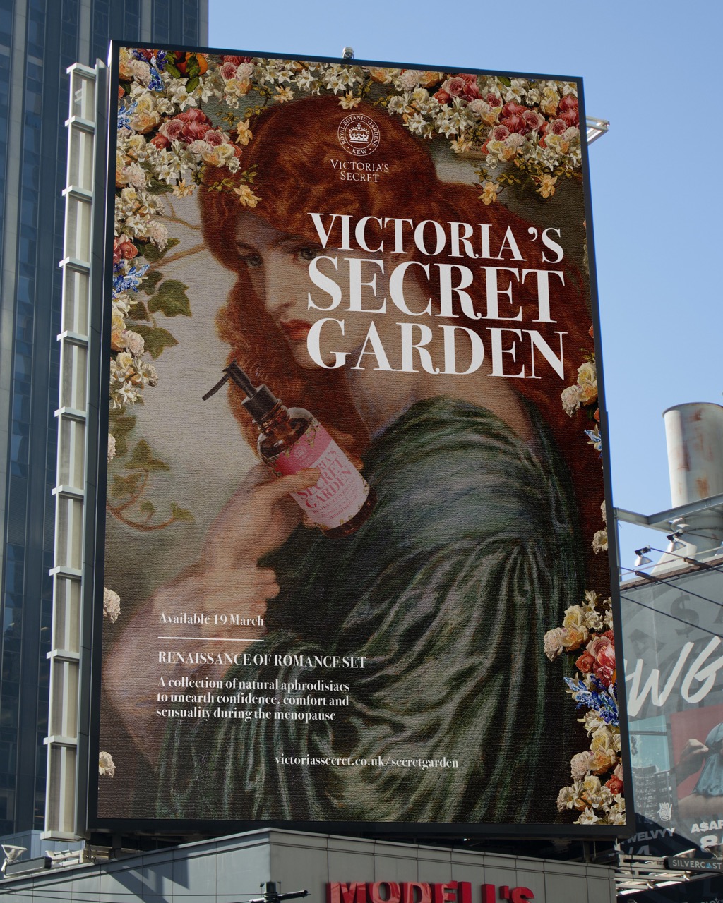 Billboard by Estelle Knowles showing floral patterns and raunchy renaissance imagery with Victoria's Secret Garden type in white on top left.