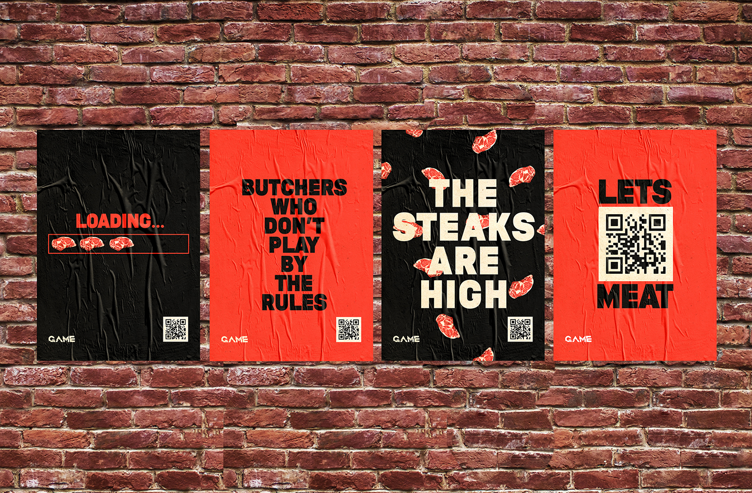 Four mock up posters for 'Game' butchers brand identity promoting the butchers and integrated app by Estelle Naderi. Posters are red and black with large text.