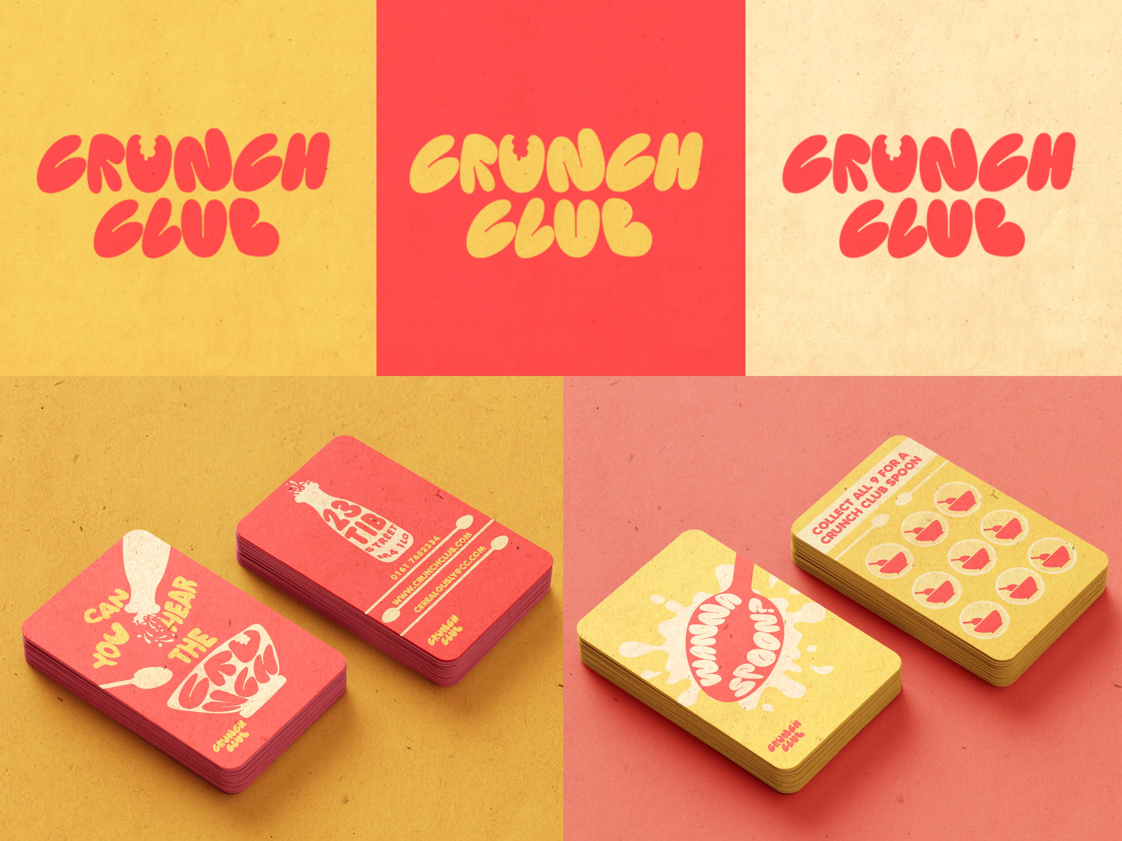 Crunch Club Cereal Cafe Brand Identity Logo and Business cards by Estelle Naderi. Cards are punk and yellow with 'Grunch Club' in a rounded type.