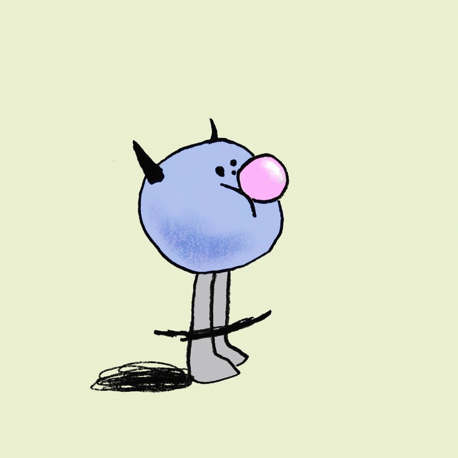 A gif called 'Mercury Blowing a Bubble.gif' by Eun Kim. A blue circular character with horns called Mercury is blowing a pink bubble gum.