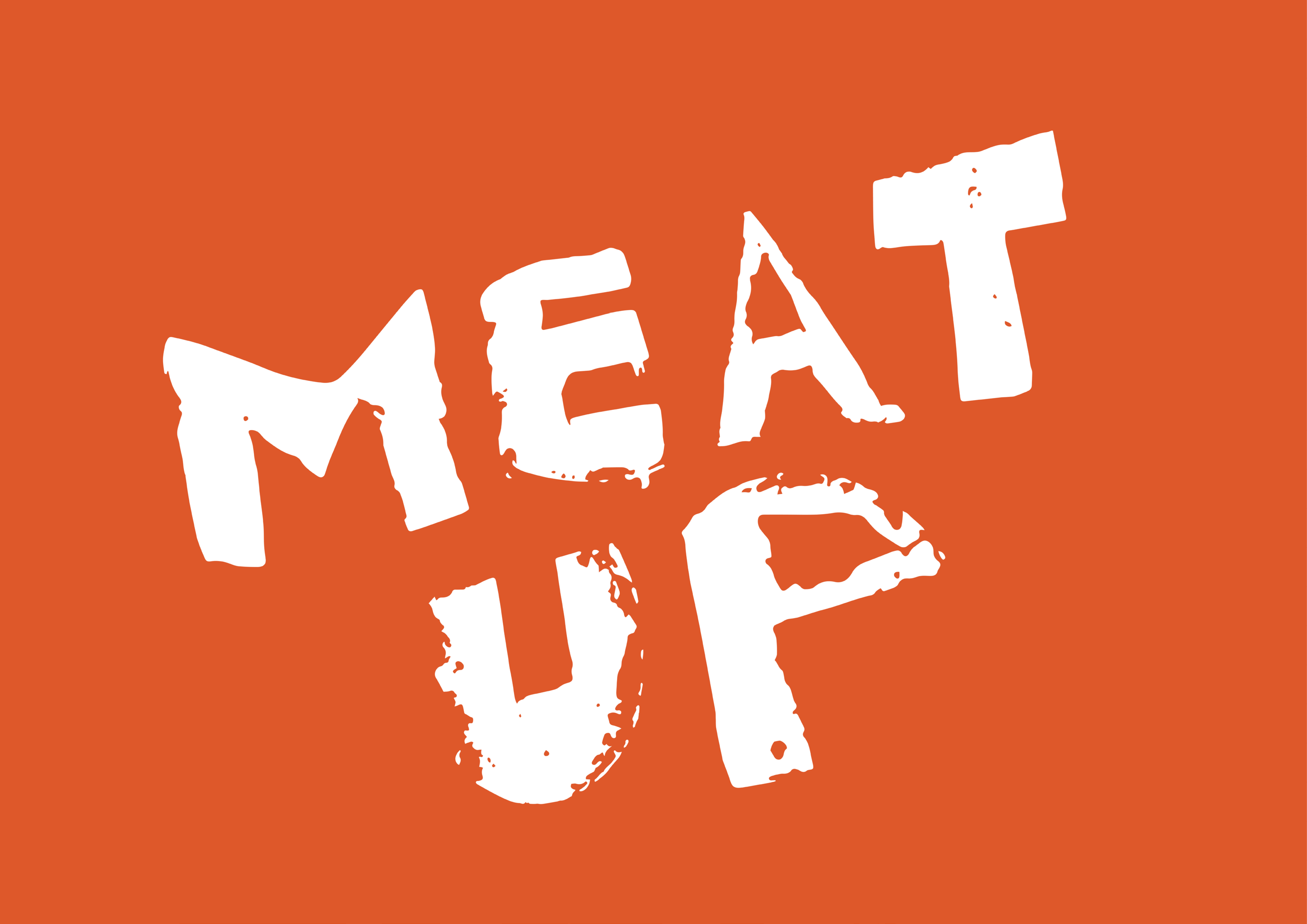 Orange backdrop with text large in centre saying 'Meat Up' in white.