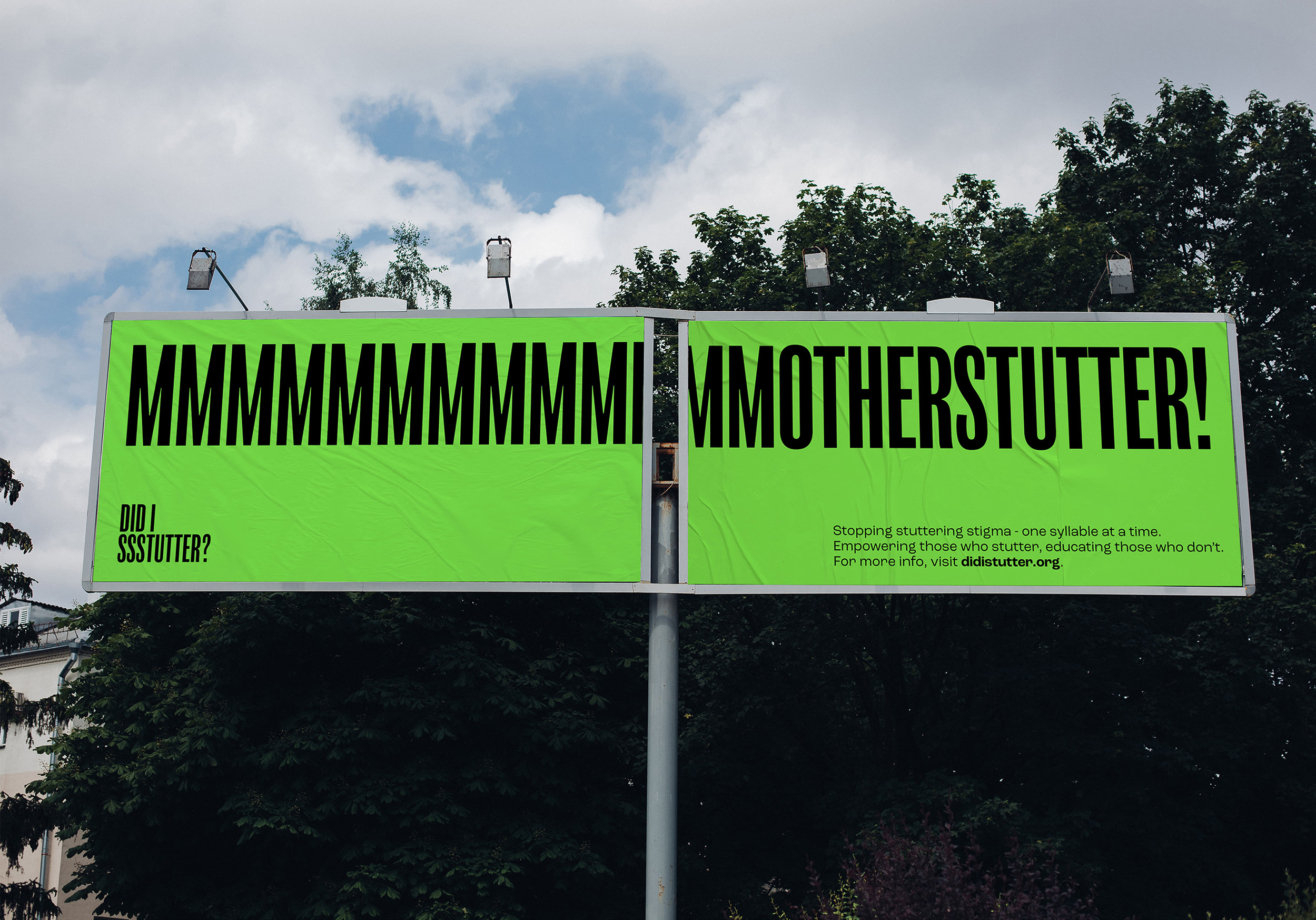 A green double billboard spread with the copy 'MMMotherstutter' written across them in black.