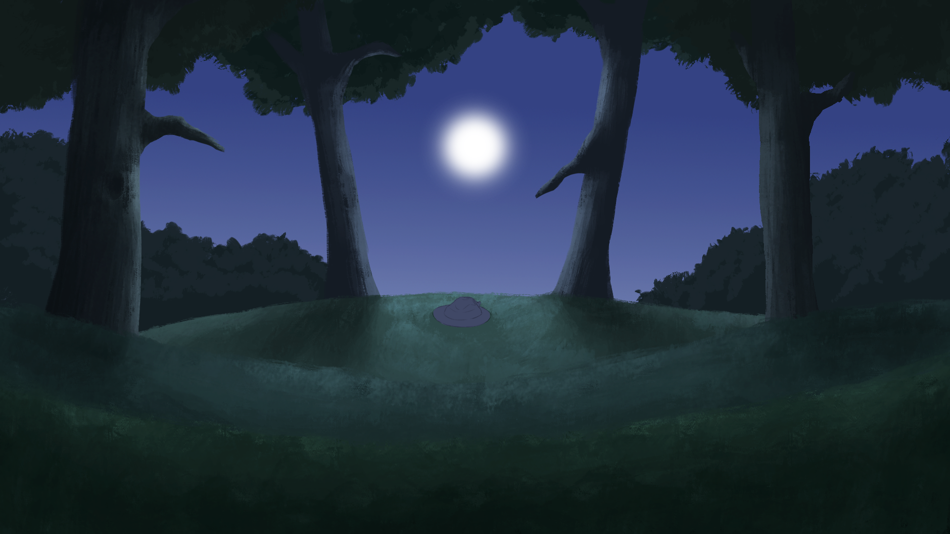 Background digital painting by George Squires showing a nighttime forrest and moon.