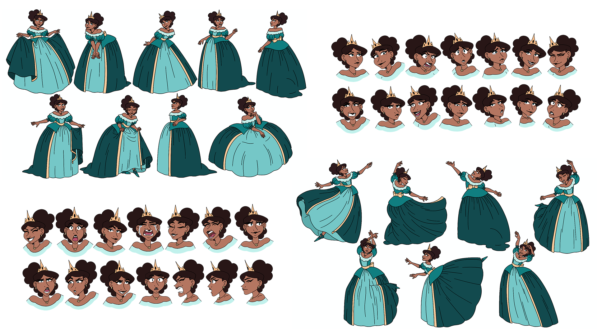 Character Design work by Georgia Davison for the short film "Dance Macabre". Showing the main character Edith doing basic gestures and dance poses, as well as a range of expressions from sadness to happiness.