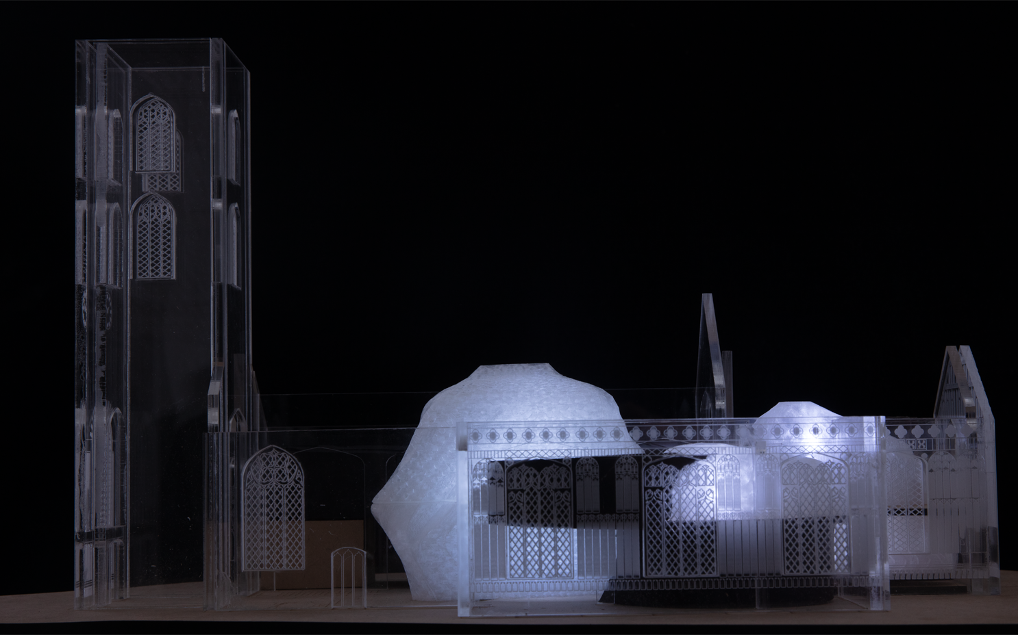 The 3D model made by Georgia Keeble shows St Michael Coslany church made of acrylic. It contains 3D printed translucent pods which contain white LED lights which glow.