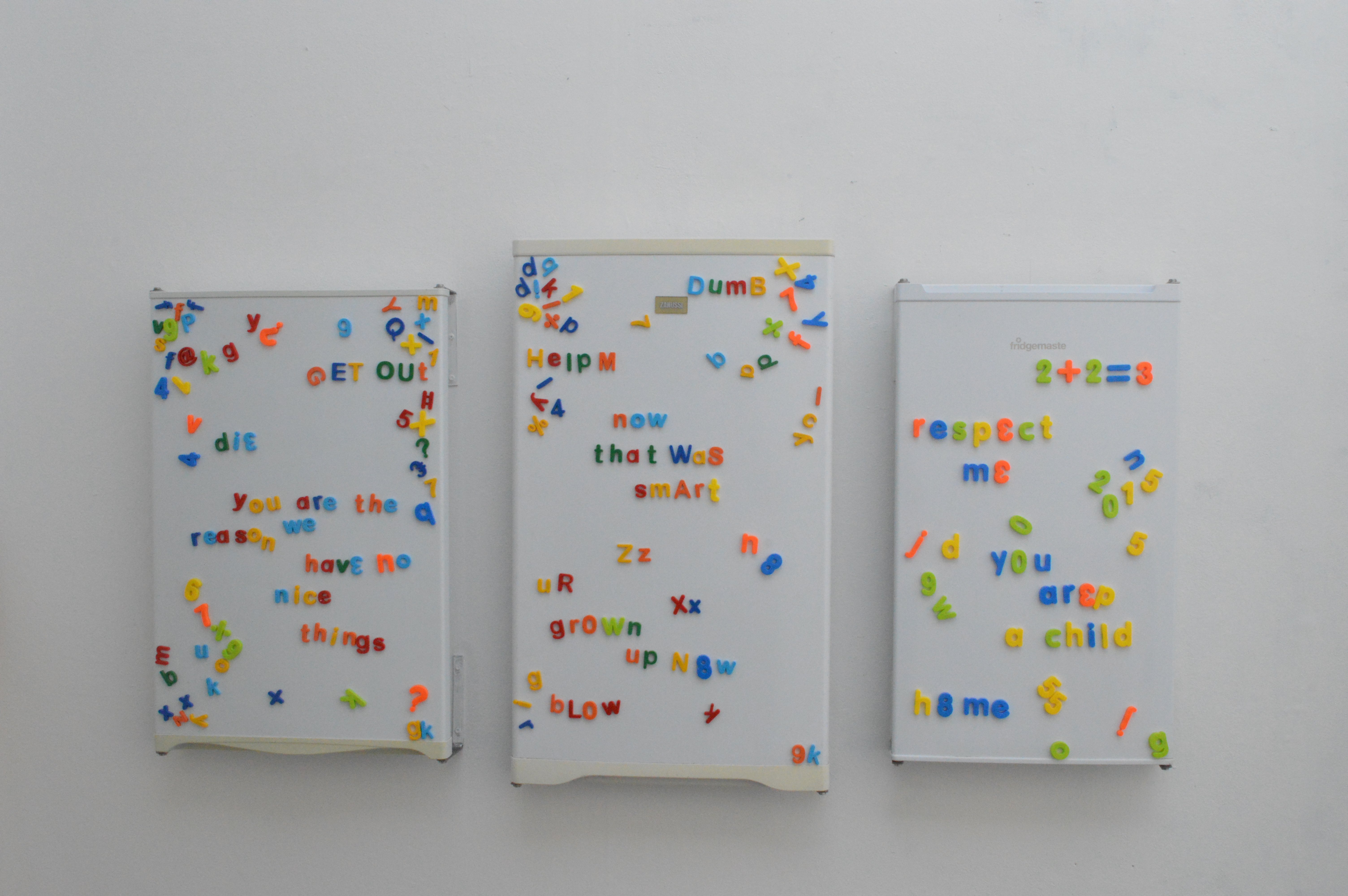 Fine Art work by Georgia Keeling showing three sculptures of fridge doors with magnetic letters