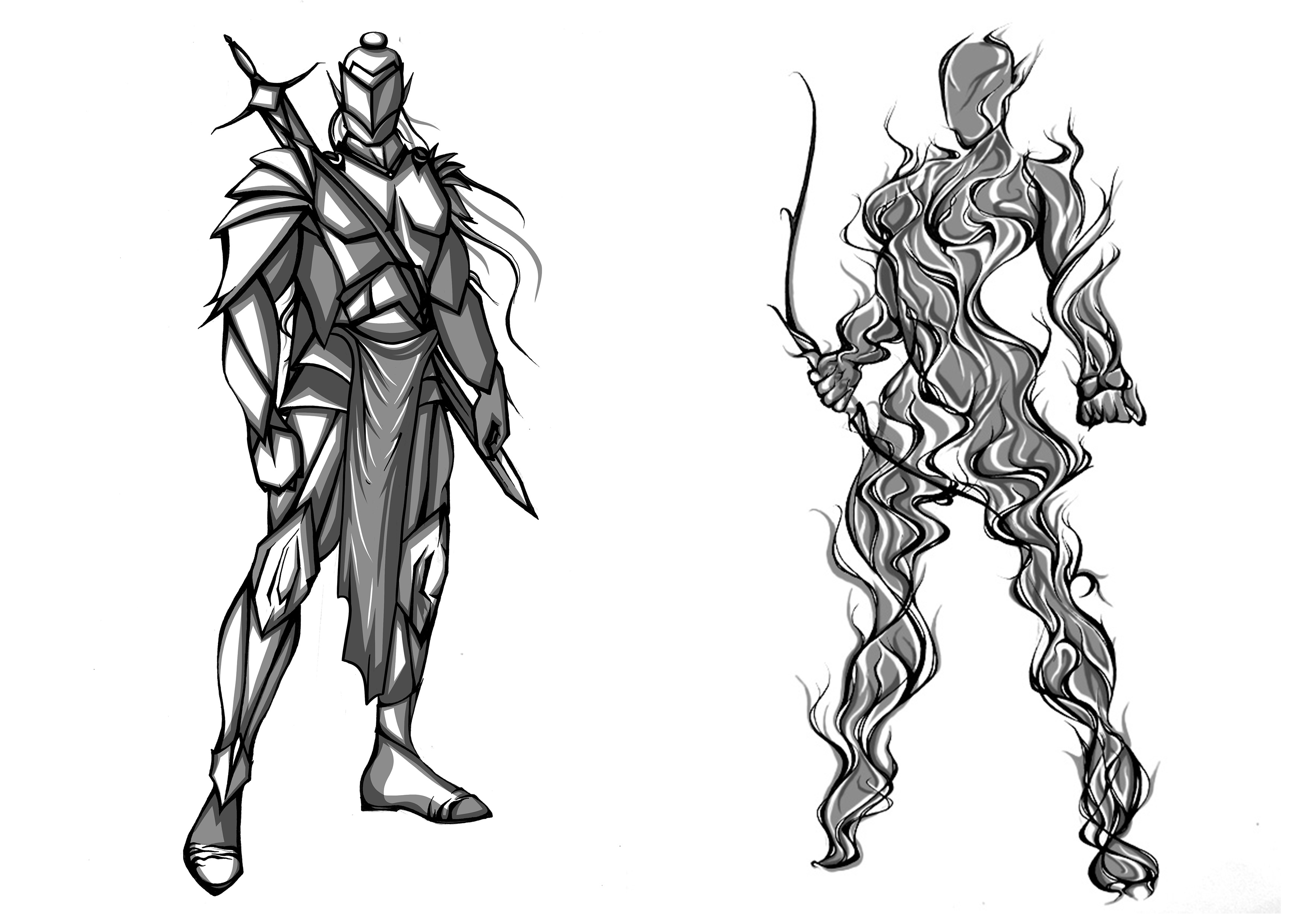 Traditionally drawn, finished digitally., character designs of the warrior of good/light (Rivion), and the creator of ether (Vela). Series inspired by natural elements.