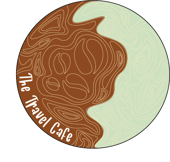 circular logo half brown half green with thin waved circular patterning in white, text to bottom left saying ' The Travel Cafe'