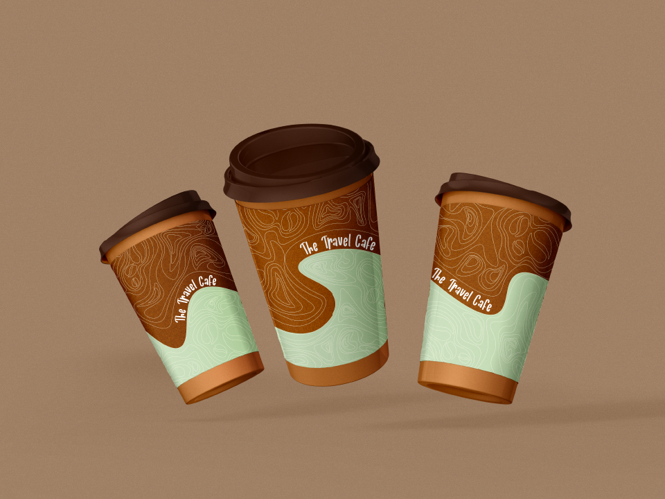 Picture of the design for the travel cafe mocked up onto cups.