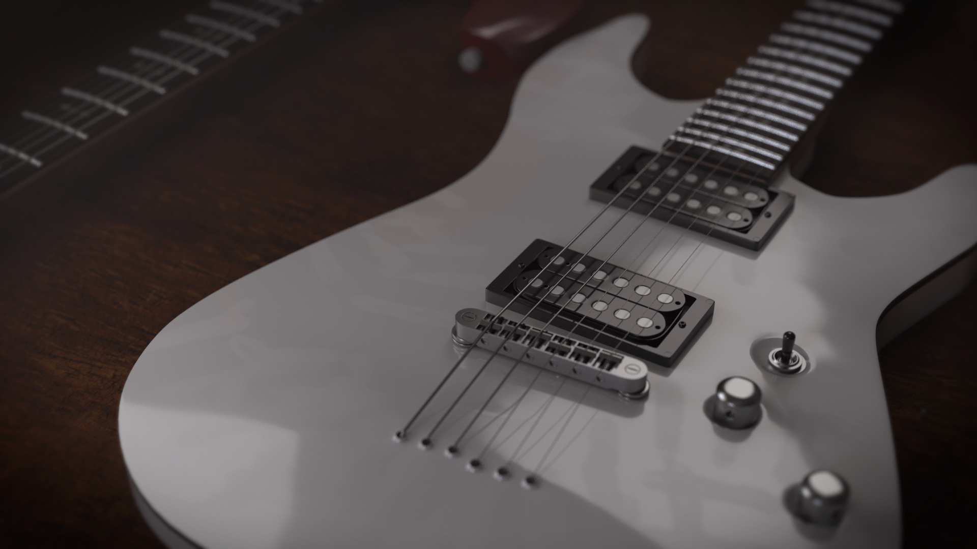 A 3D model of the Schecter Omen-6 guitar on a table with moody lighting by Harry Hughes.