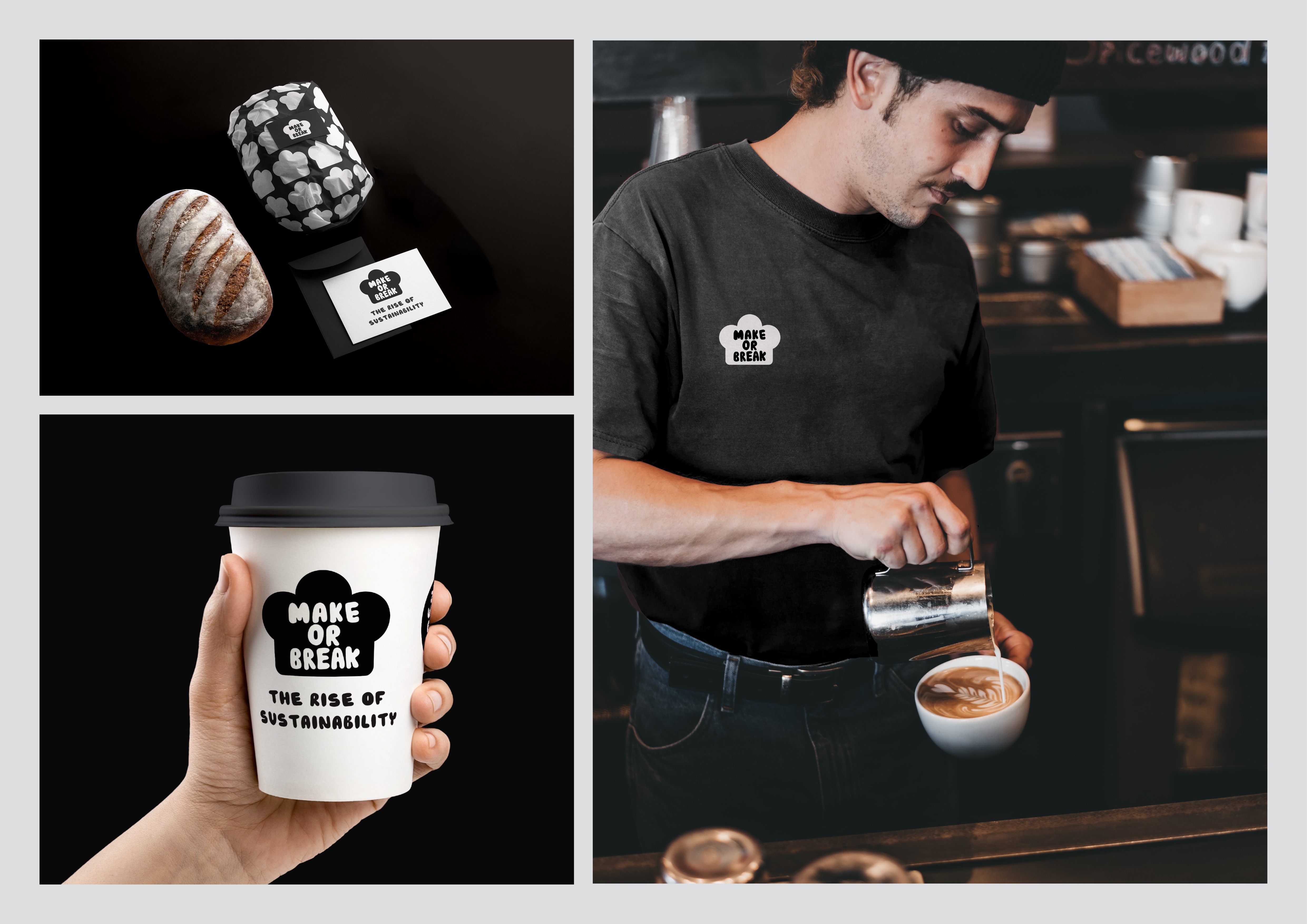 Staff uniform, coffee cups & packaging: Examples of how the ident from the logo can be used throughout the branding. Created by Hattie Holmes