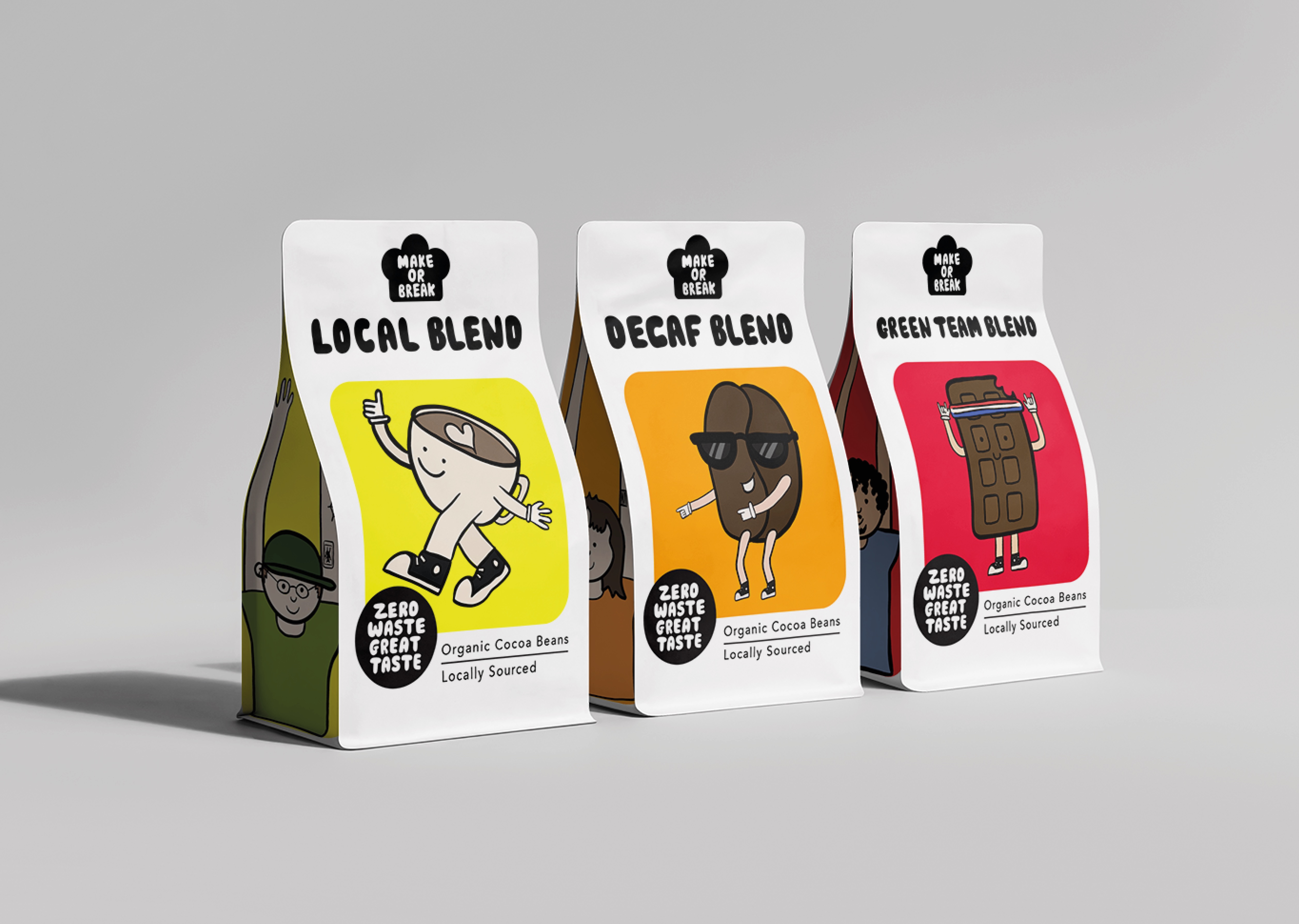 Organic coffee packaging: Pushing for more customer engagement, the shop uses locally grown coffee beans. Illustrated bags with characters from the shop represented throughout. Created by Hattie Holmes