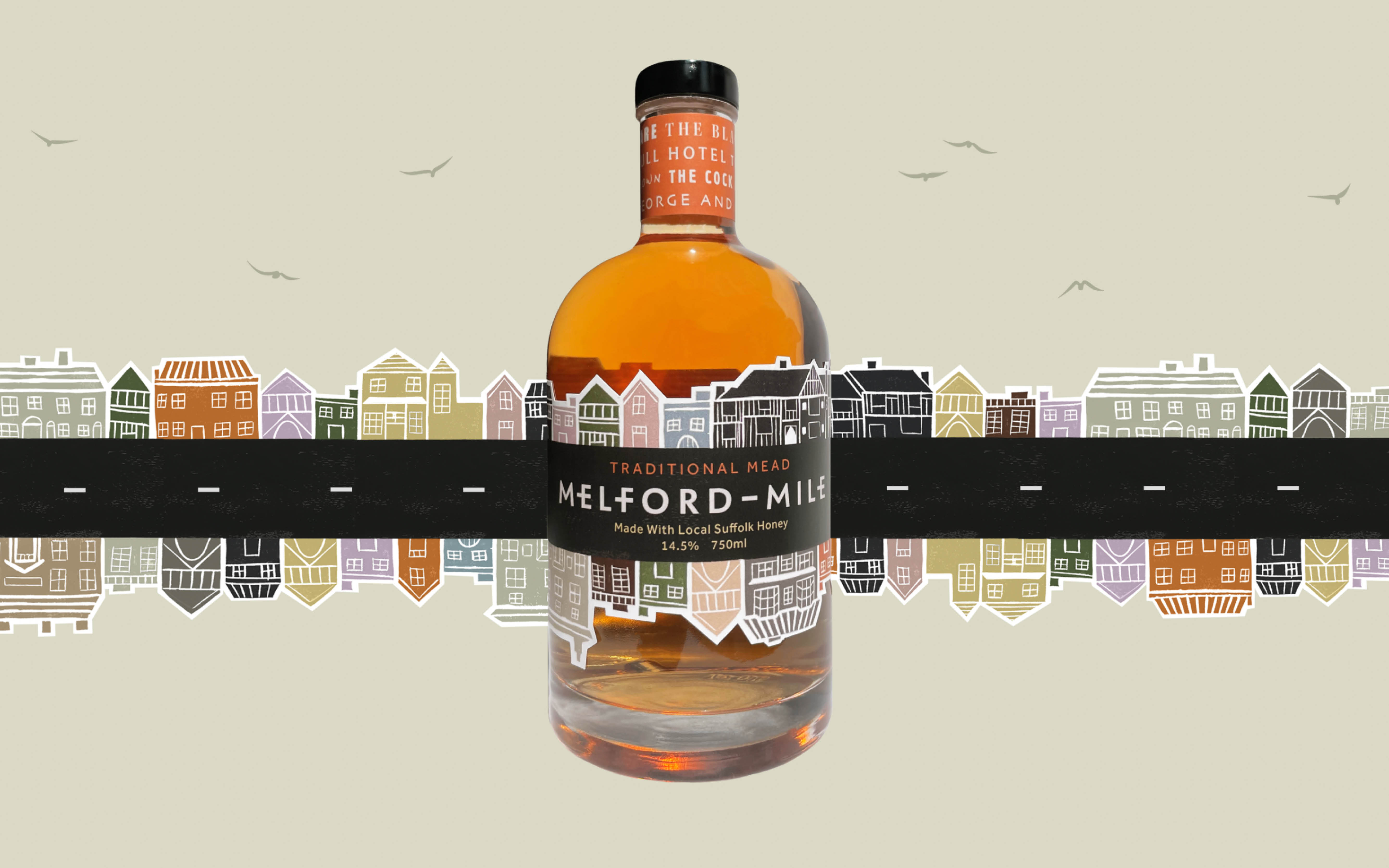 Brand Creation, Melford Mile, by Holly Hughes, showing the bottle design for the brand included buildings and a road that extend beyond the bottle in image.