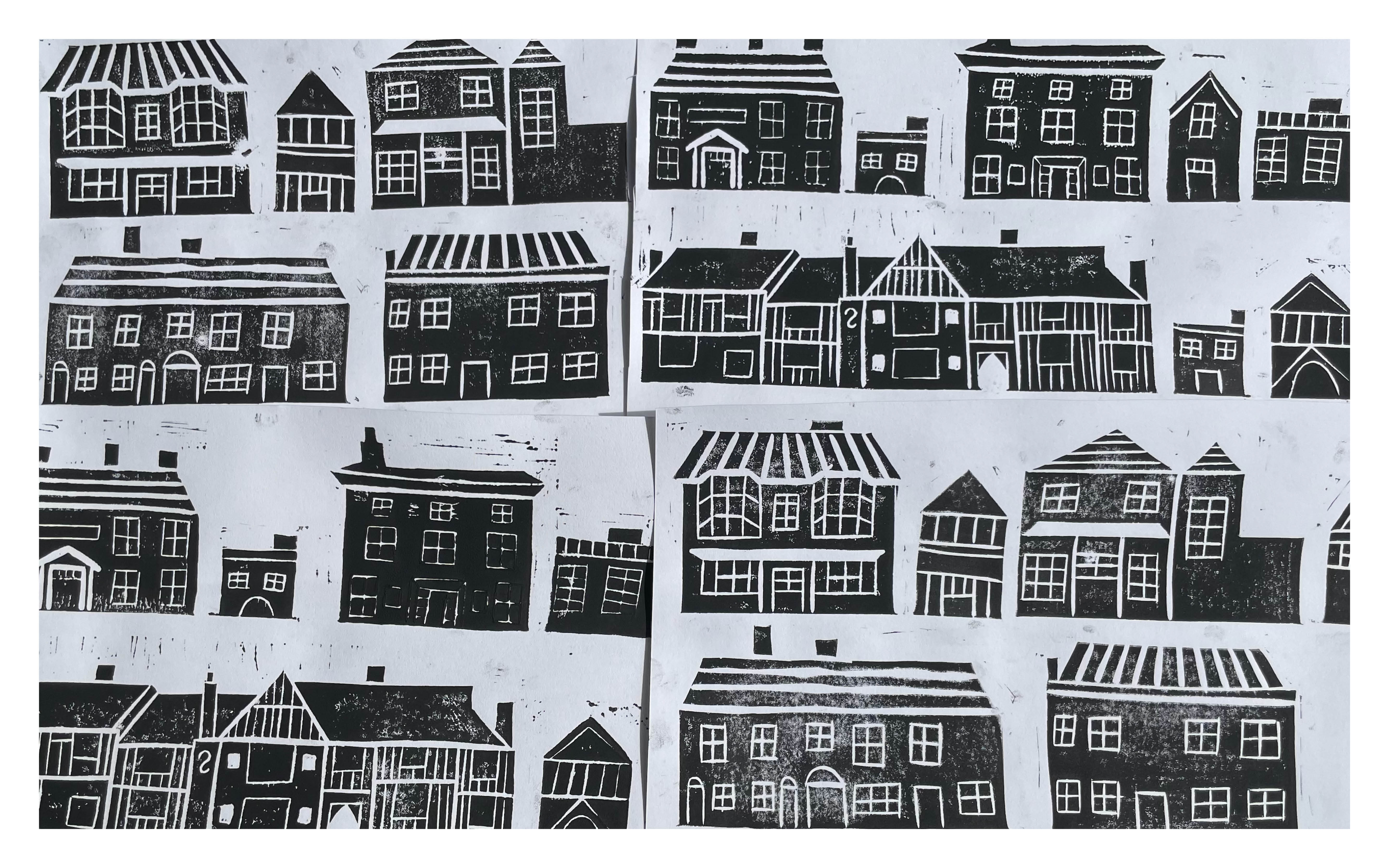 Brand Creation, Melford Mile, by Holly Hughes, showing lino prints individually crafted, highlighting the 7 pubs behind the story of the brand.