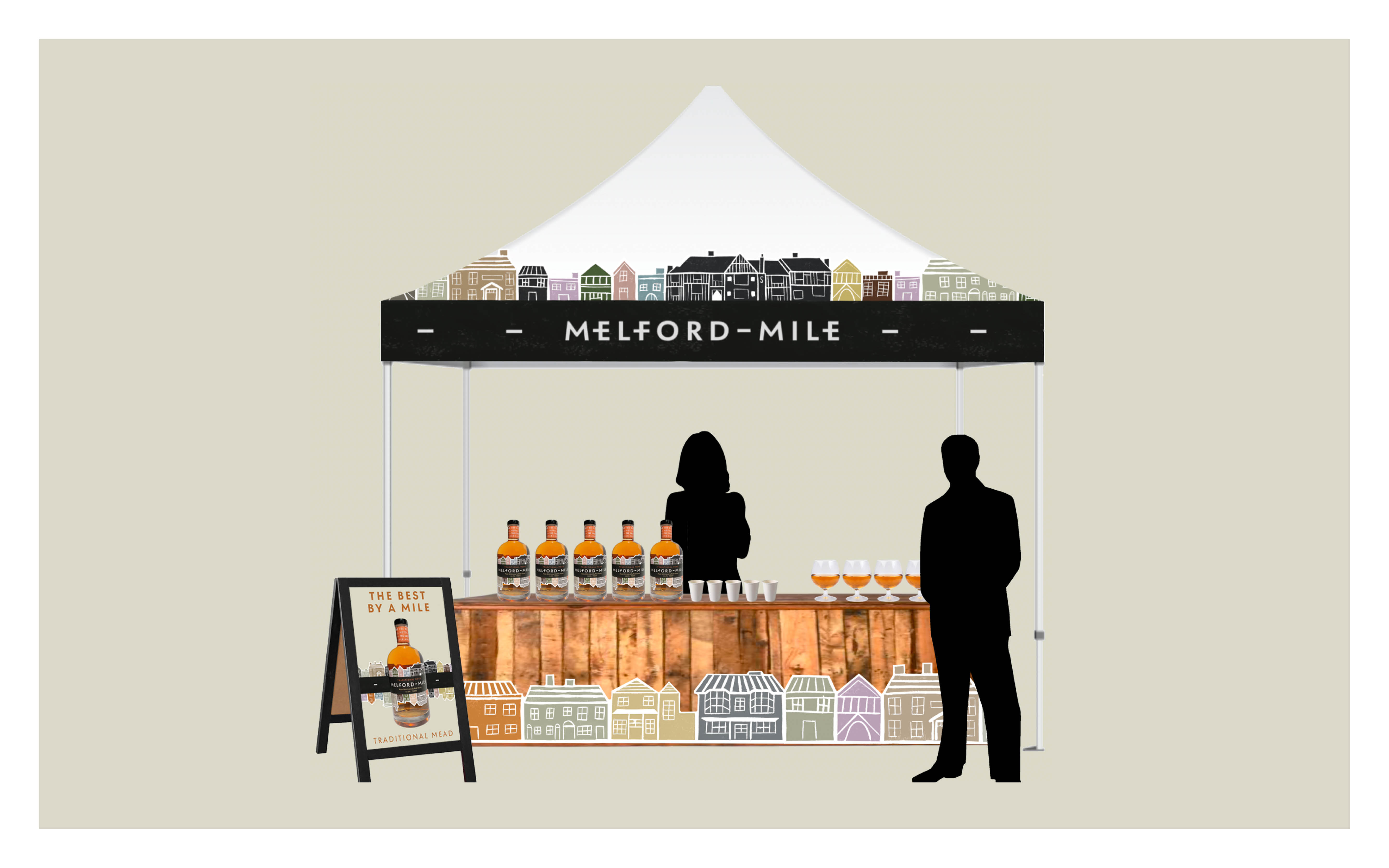 Brand Creation, Melford Mile, by Holly Hughes, showing set up for a pop up market stand with Melford Mile logo along tent top, wooden table with product on and building illustration across the front and A-board poster.