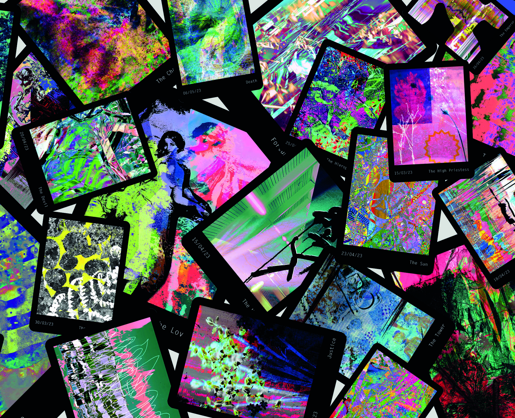 A set of 22 tarot cards designed by Imogen Allen showing digital, abstract layered images.