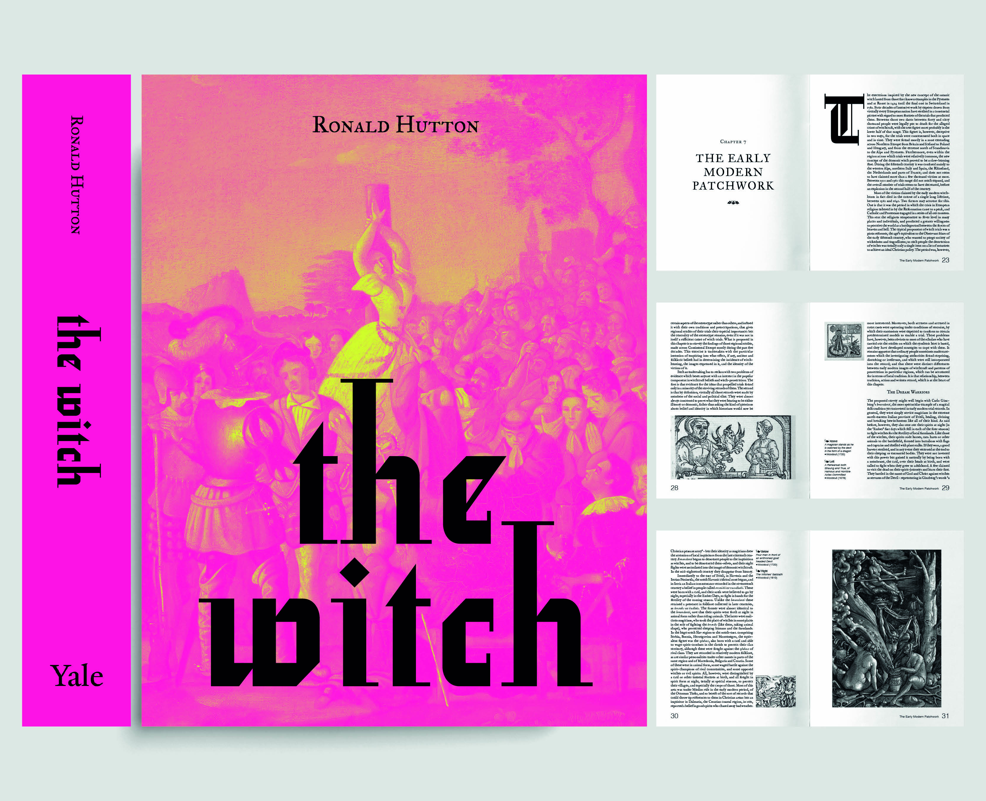 A book layout and design project by Imogen Allen showing a pink, modern cover contrasting with historic typographic elements.