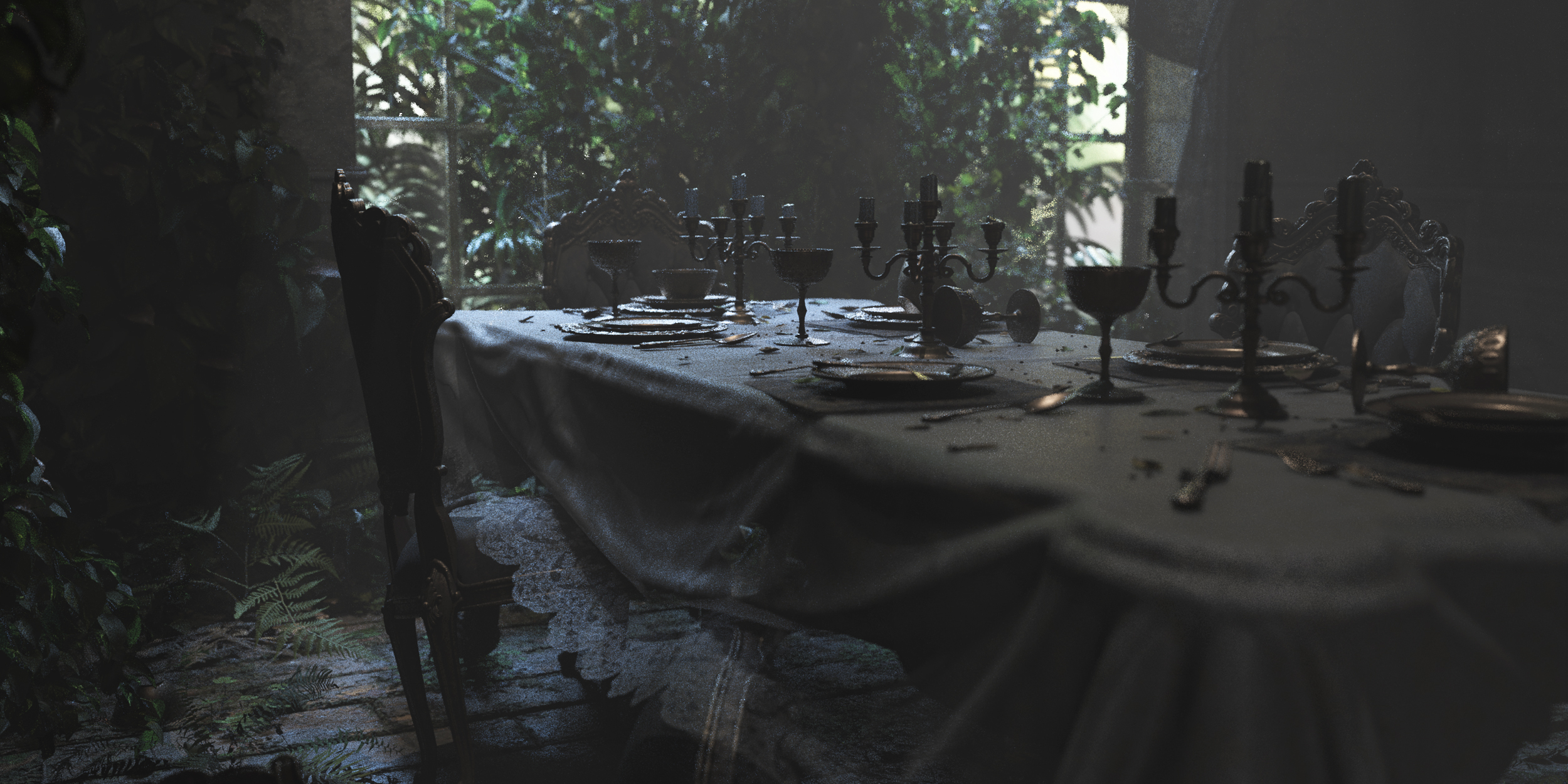 3D render of an overgrown dining room.