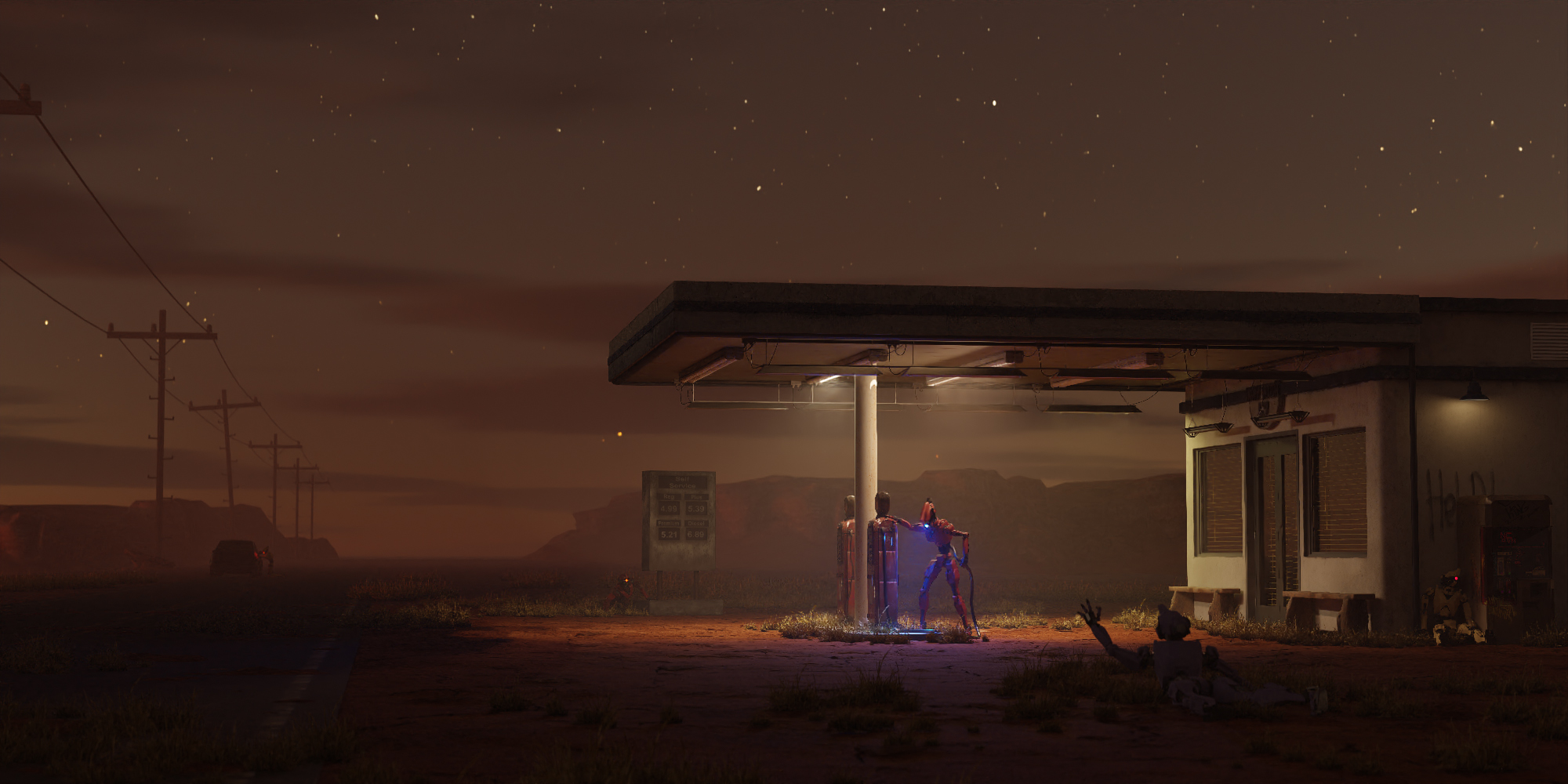 3D render of a Gas Station in a desert surrounded by robots.