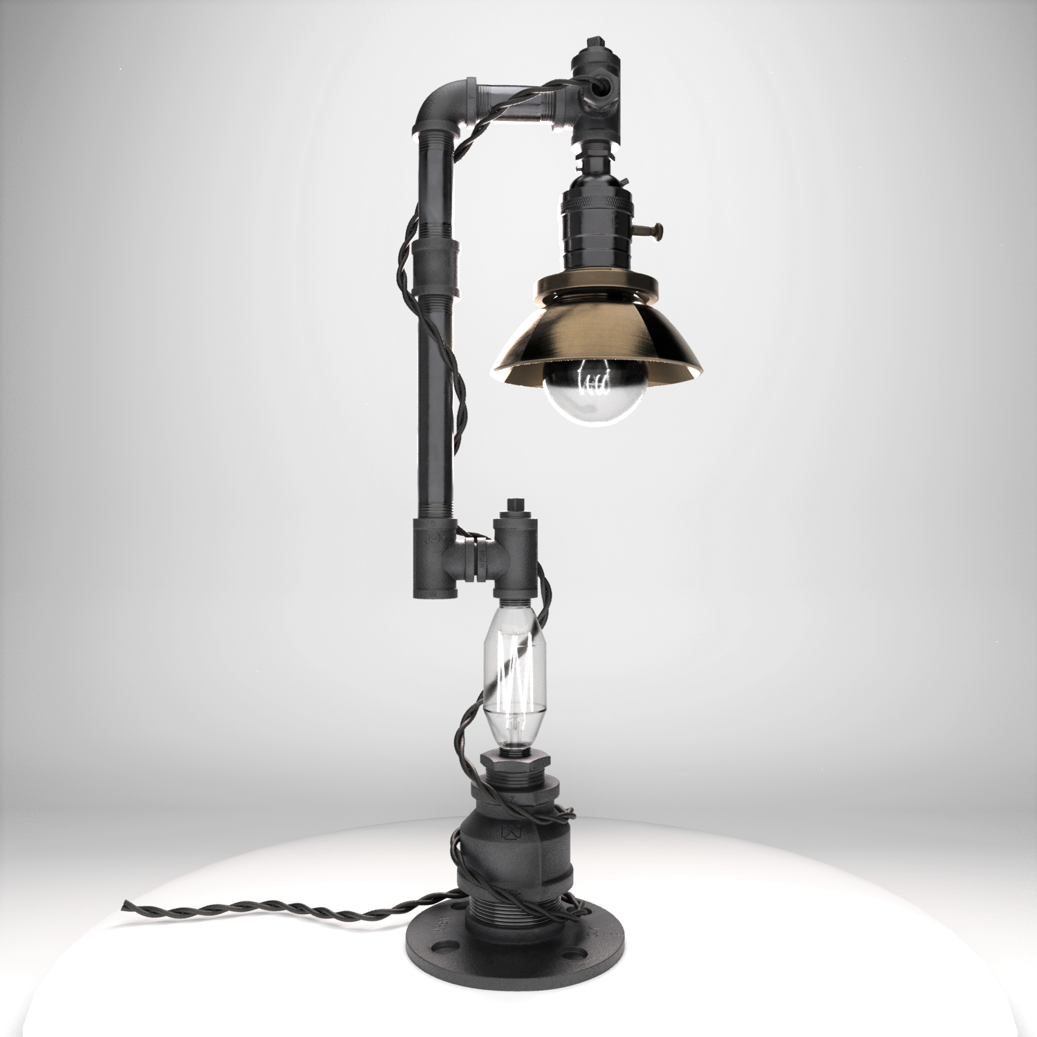 3D model of an industrial- style lamp made from pipes.