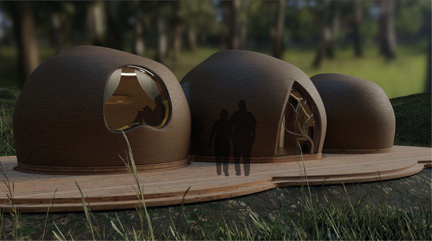 Model of back to the Future holiday homes design made up of three spherical brown buildings and organic shapes for windows and door.