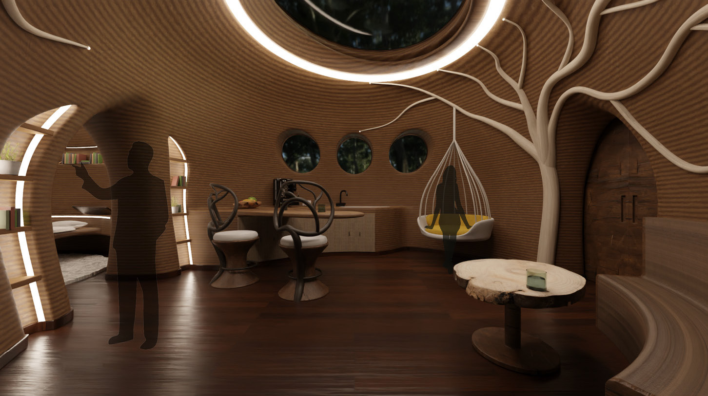 Render of living room area in neutral brown palette. Bench and kitchen areas curve with the shape of the room, tree shape climbs right wall. Lighting is circular in the ceiling and light strips in shelving.