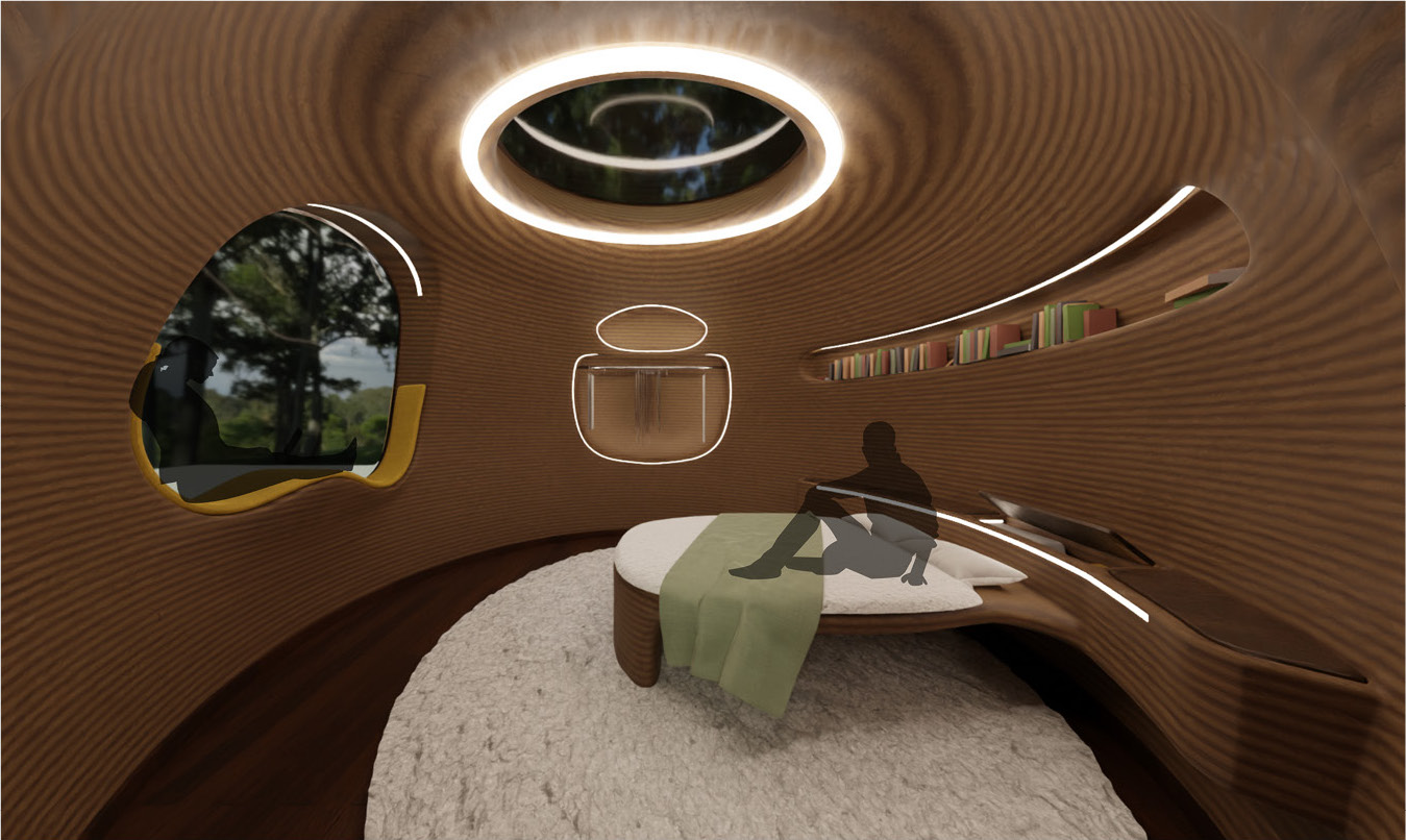 Render of unique circular bedroom space that features a sitting window. Bed is towards the centre starting from shelving that curves right wall. Circular strip of lighting in the ceiling.