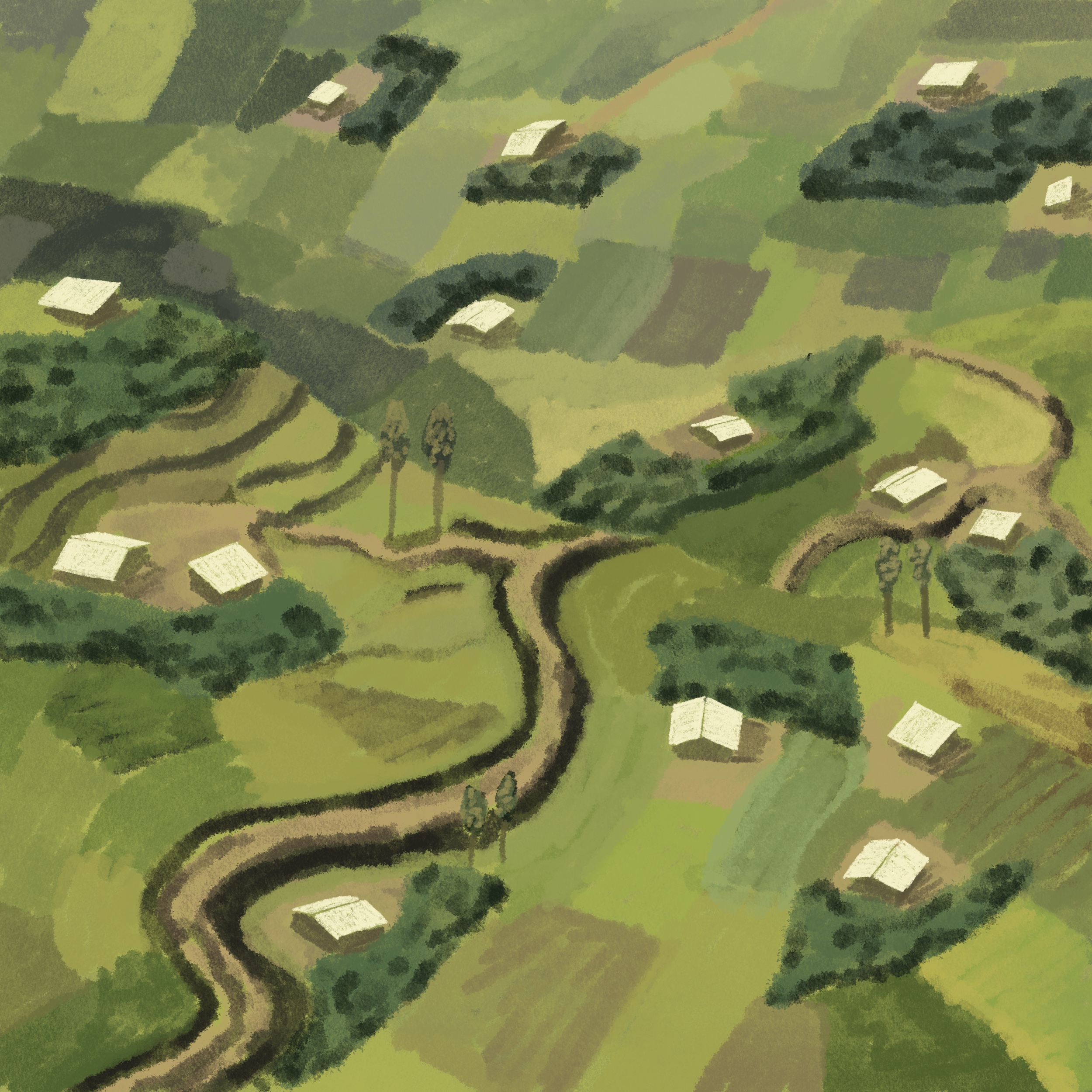 Digital work of golden-green colours, showing a landscape from the air.