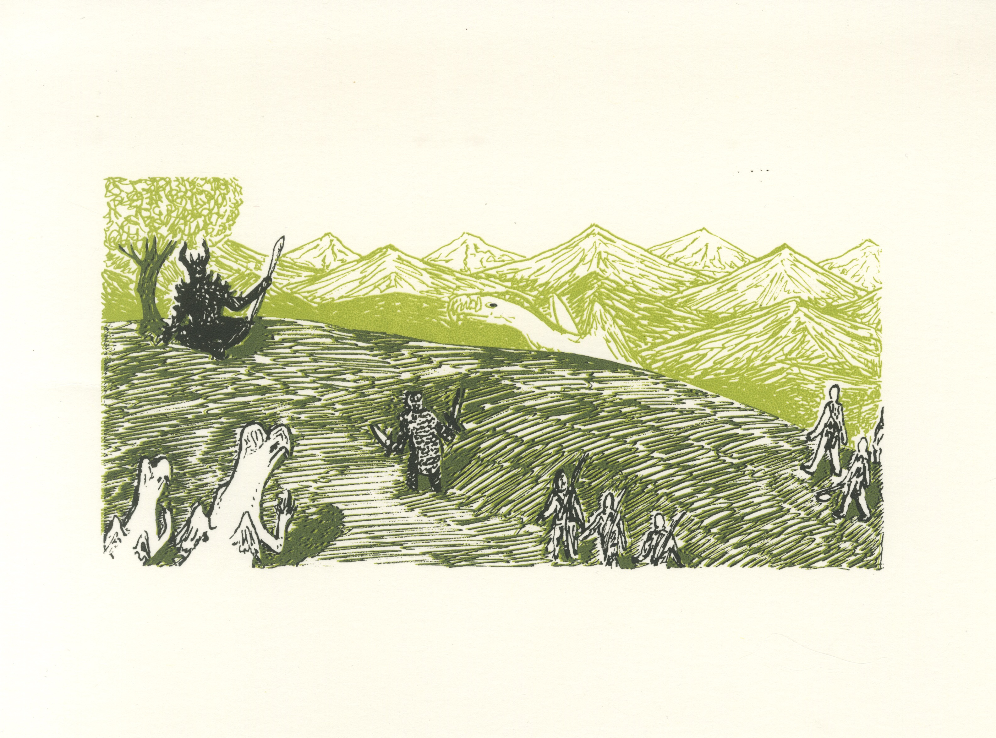 A screen-print in green and dark grey, showing a wide variety of creatures ascending a hill to another, already seated at the top.