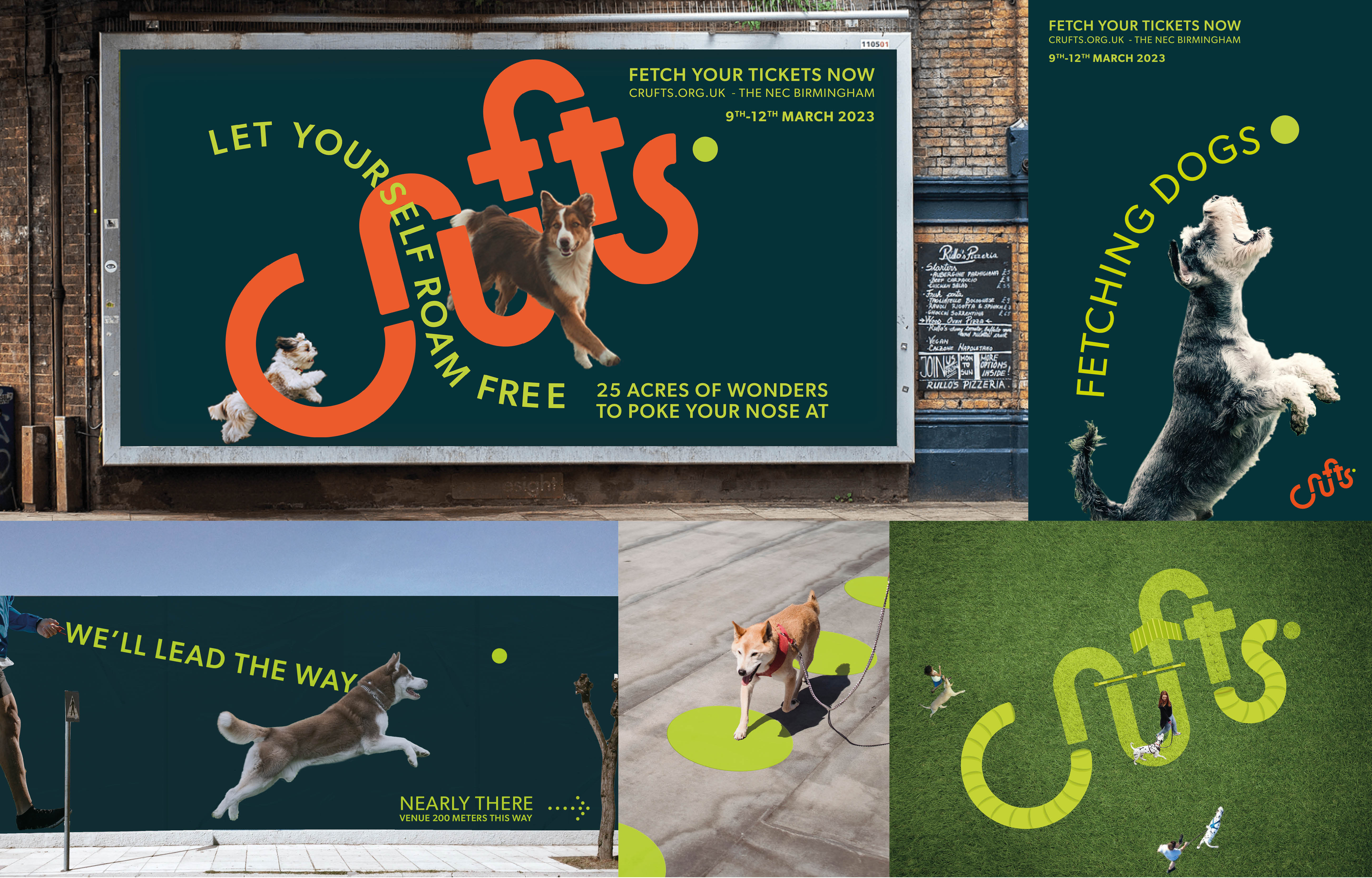 Visual Identity mocked up onto billboard and as posters for crufts. Including wavy crufts logo and images of dogs chasing a light green dot.