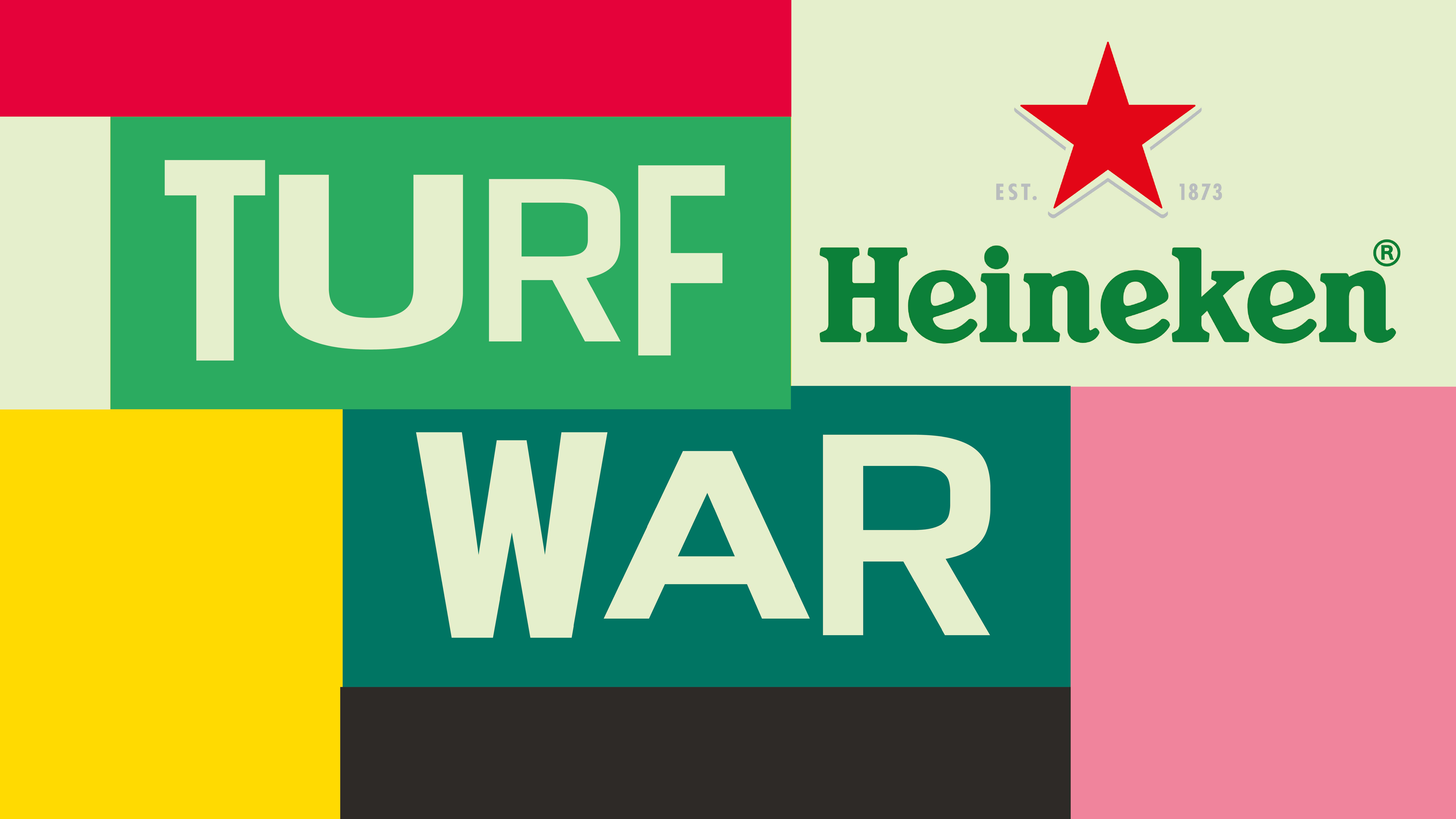 Advertising campaign for Heineken, Heineken logo and 'Turf War' text layered over colour block background.