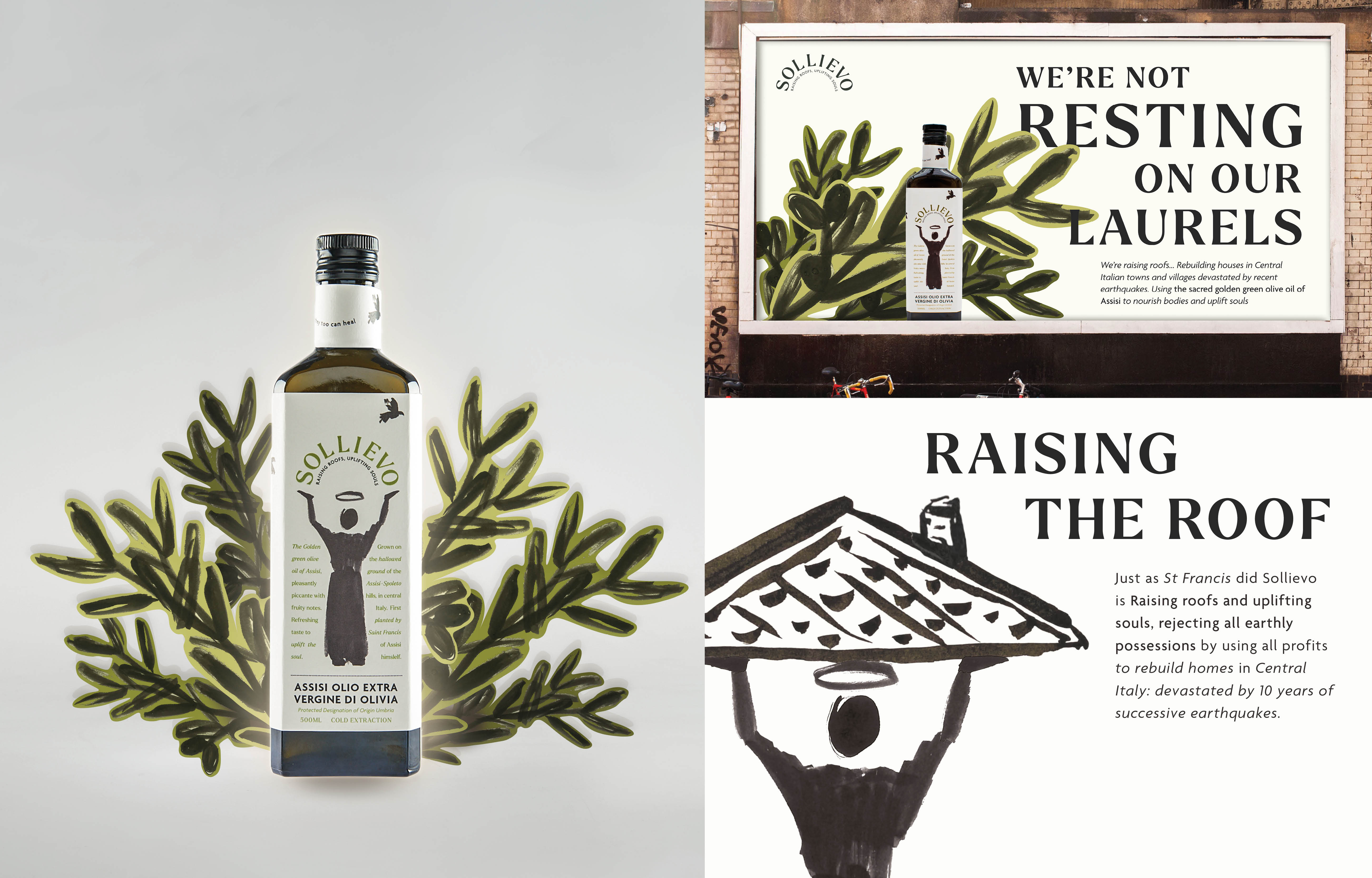 Packaging & Visual Identity for Sollievo, mocked up onto bottle and billboard. Packaging design inclues figure on white backdrop and green plants behind product.