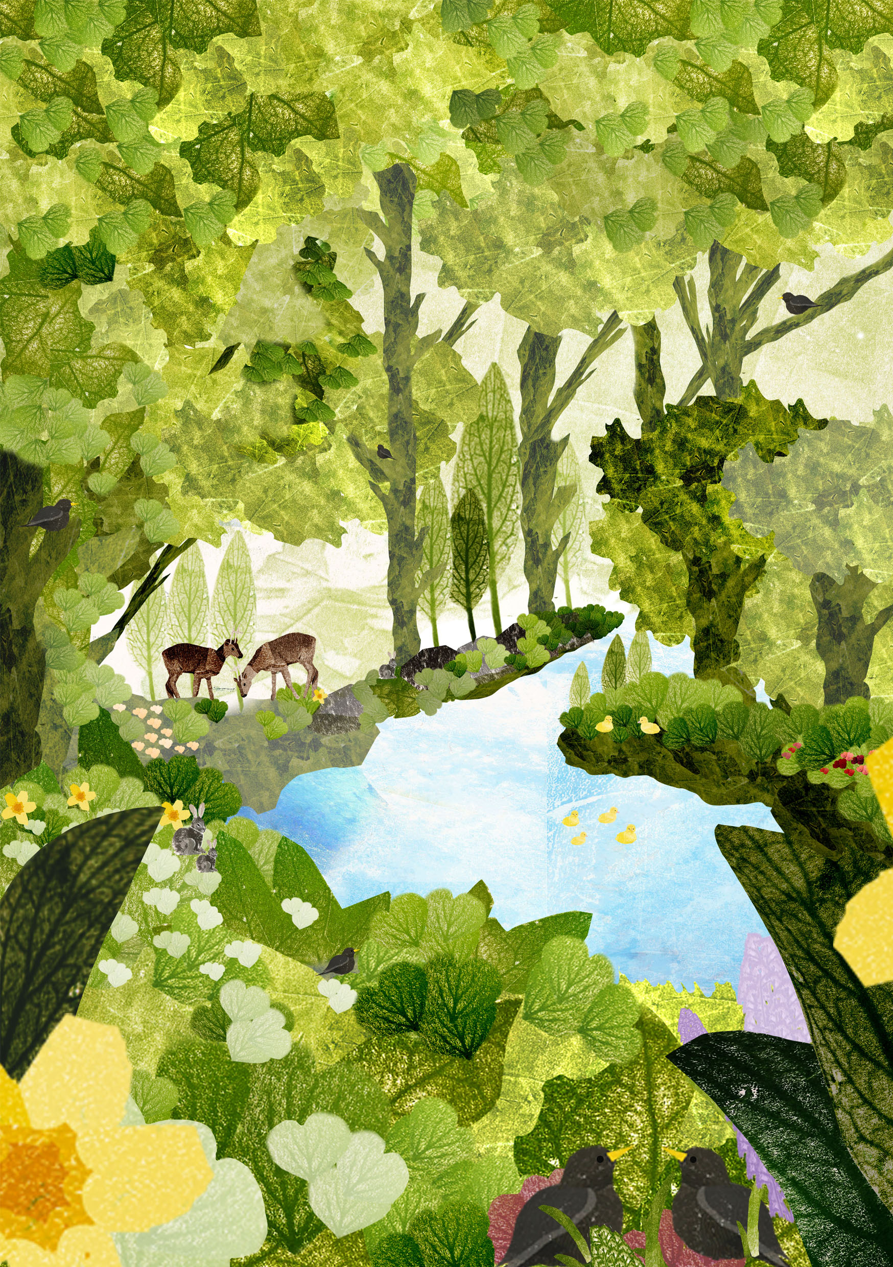 Illustration of a peaceful forest scene by Isabella Howard.