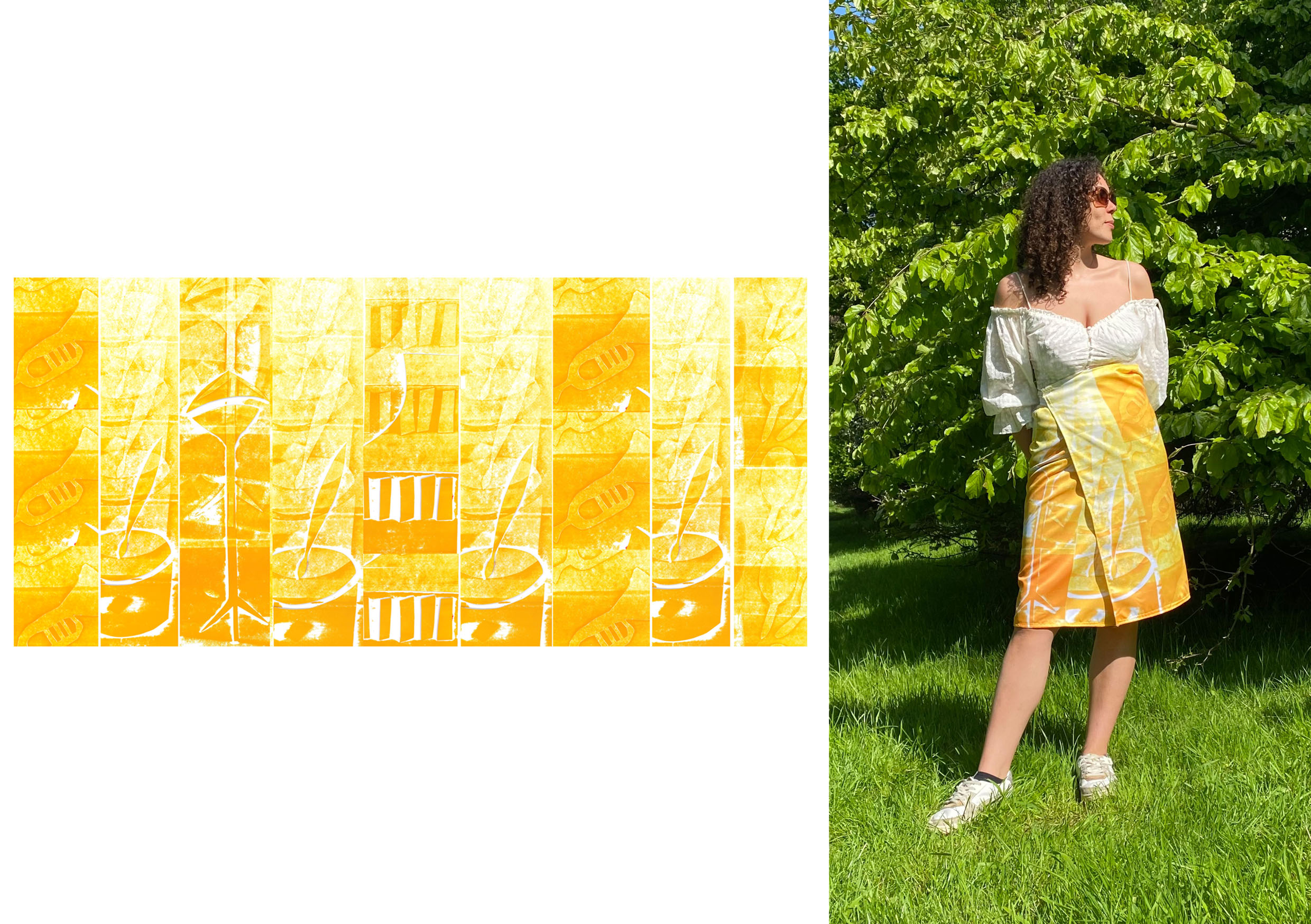 Two images, left displaying a repeated bright yellow pattern and right showing the applied pattern to a skirt.