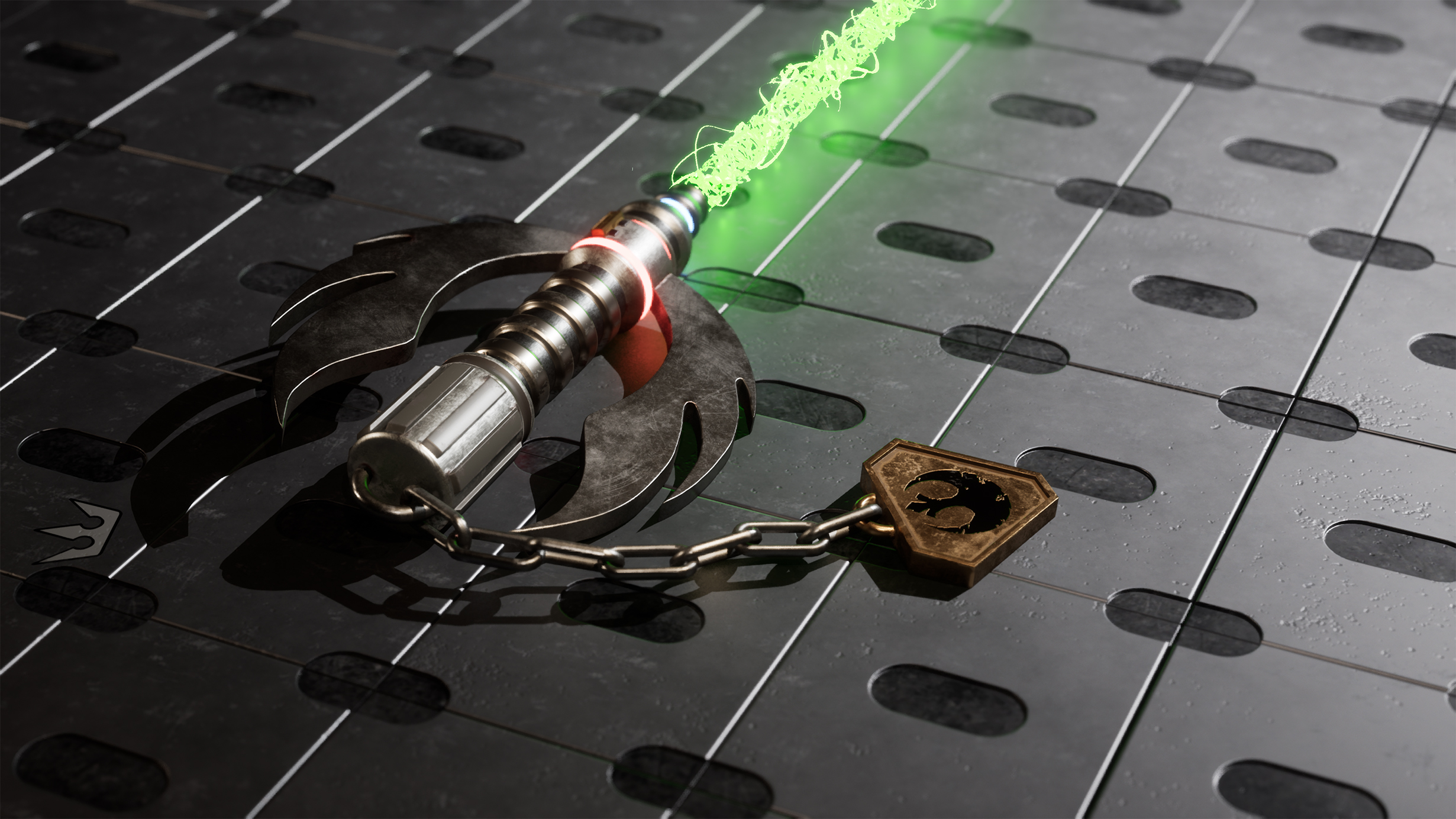 An energy-based sword with the "rebel" faction on a keychain and green glowing blade.