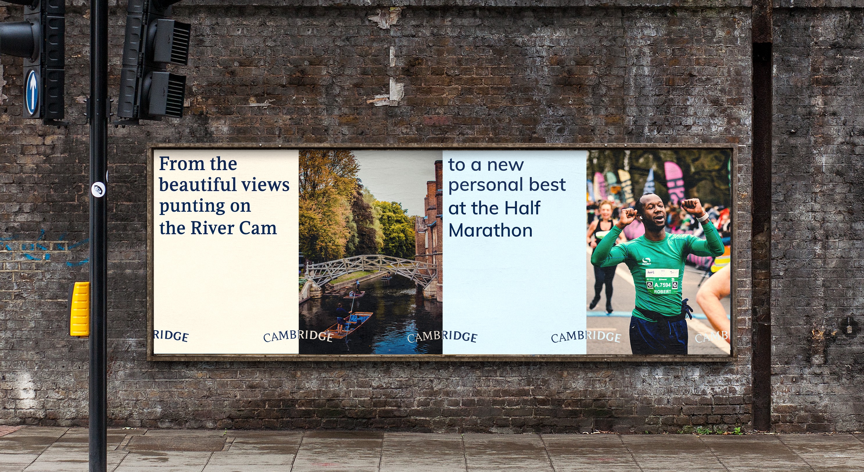 A billboard poster series for Cambridge showing bright colours and beautiful photography of Cambridge.