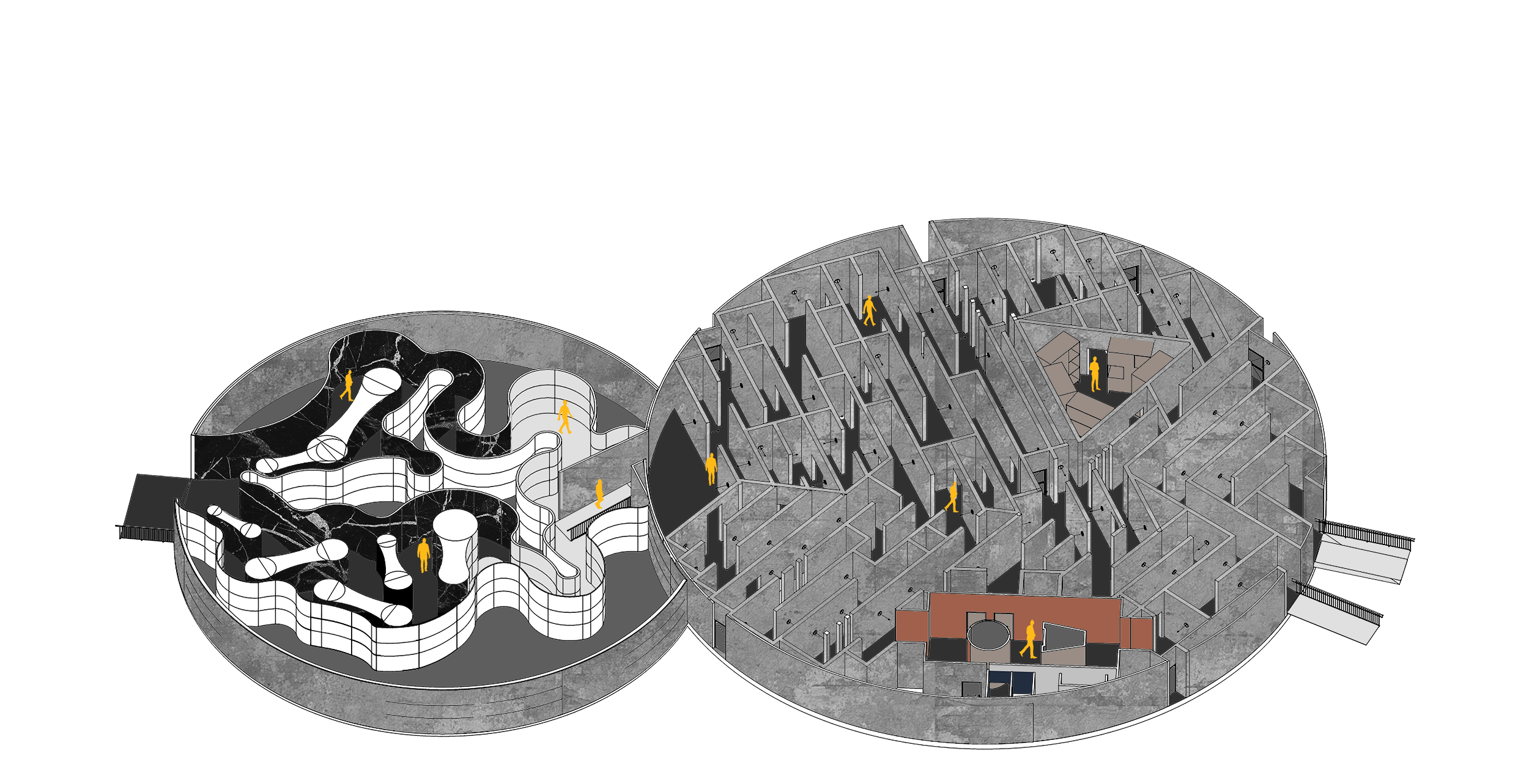 Overview of a a circular maze concept, looking into the dystopian maze and the journey through it.