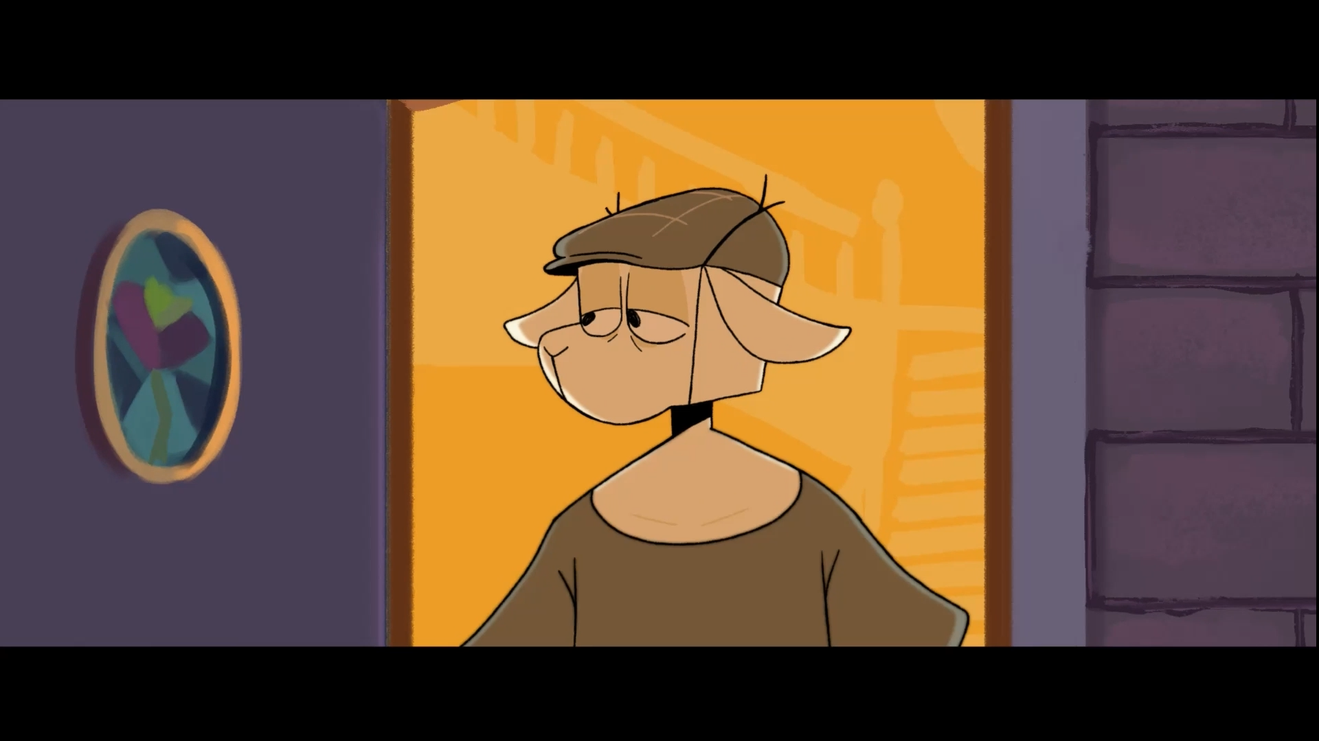 A character by an open door. A screengrab of a 2D animated shot from Jake Pagram's short film.