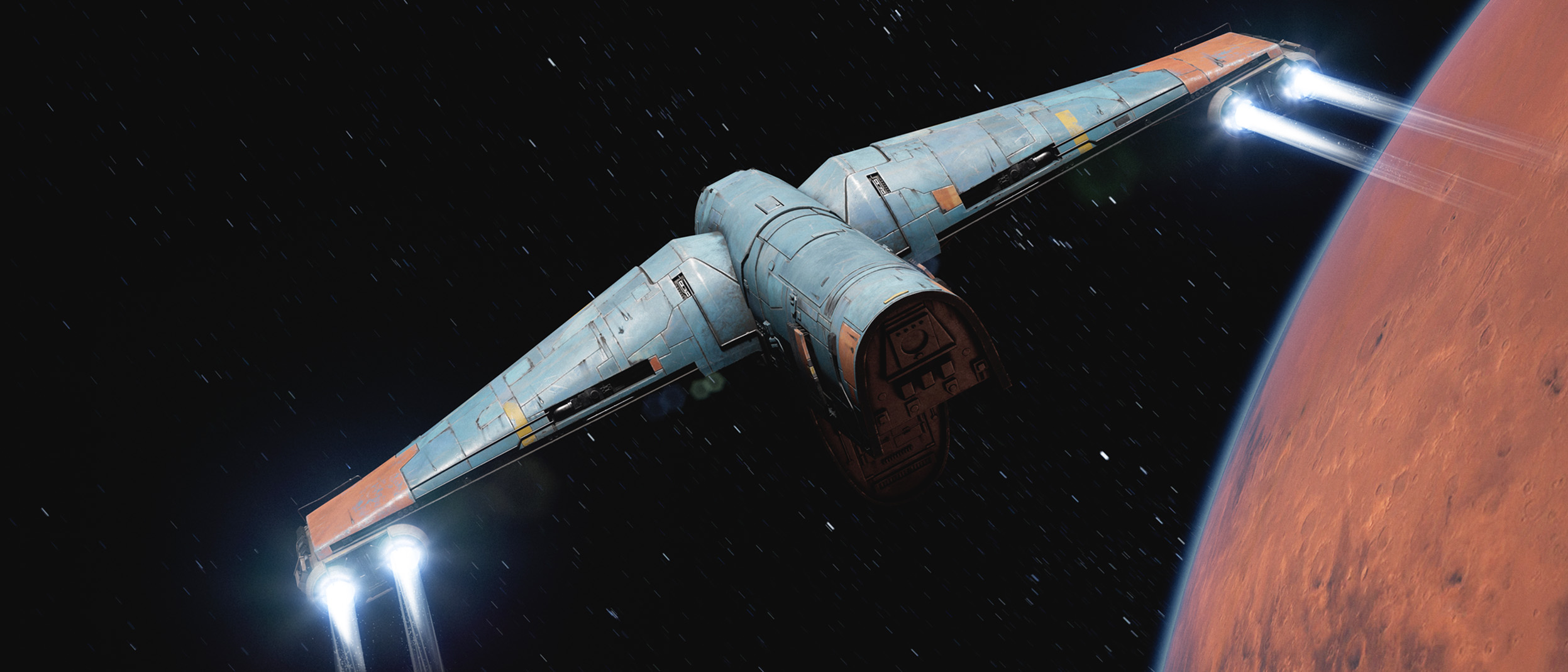 An image of a gunship Inspired by Angelos Karderinis' renders with a Star Wars aesthetic and dynamic, nostalgic feel.