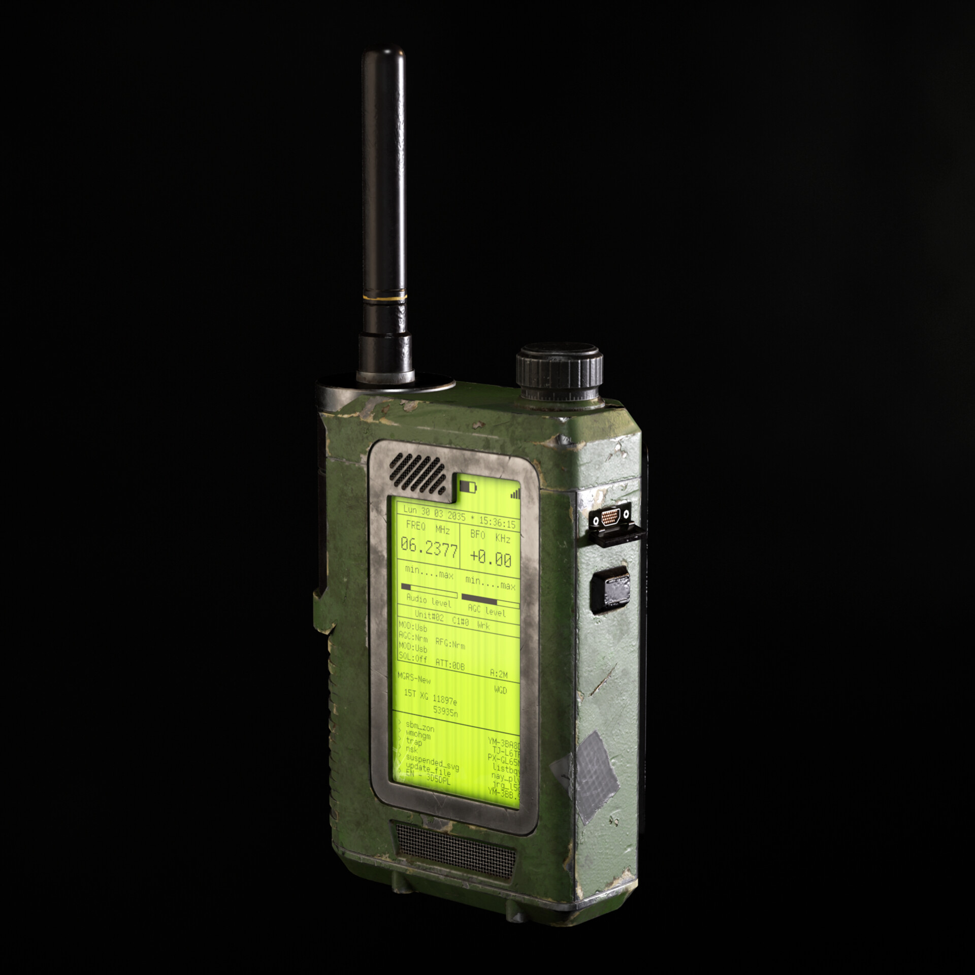 A render of a military style walkie talkie radio featuring signs of wear and tear.