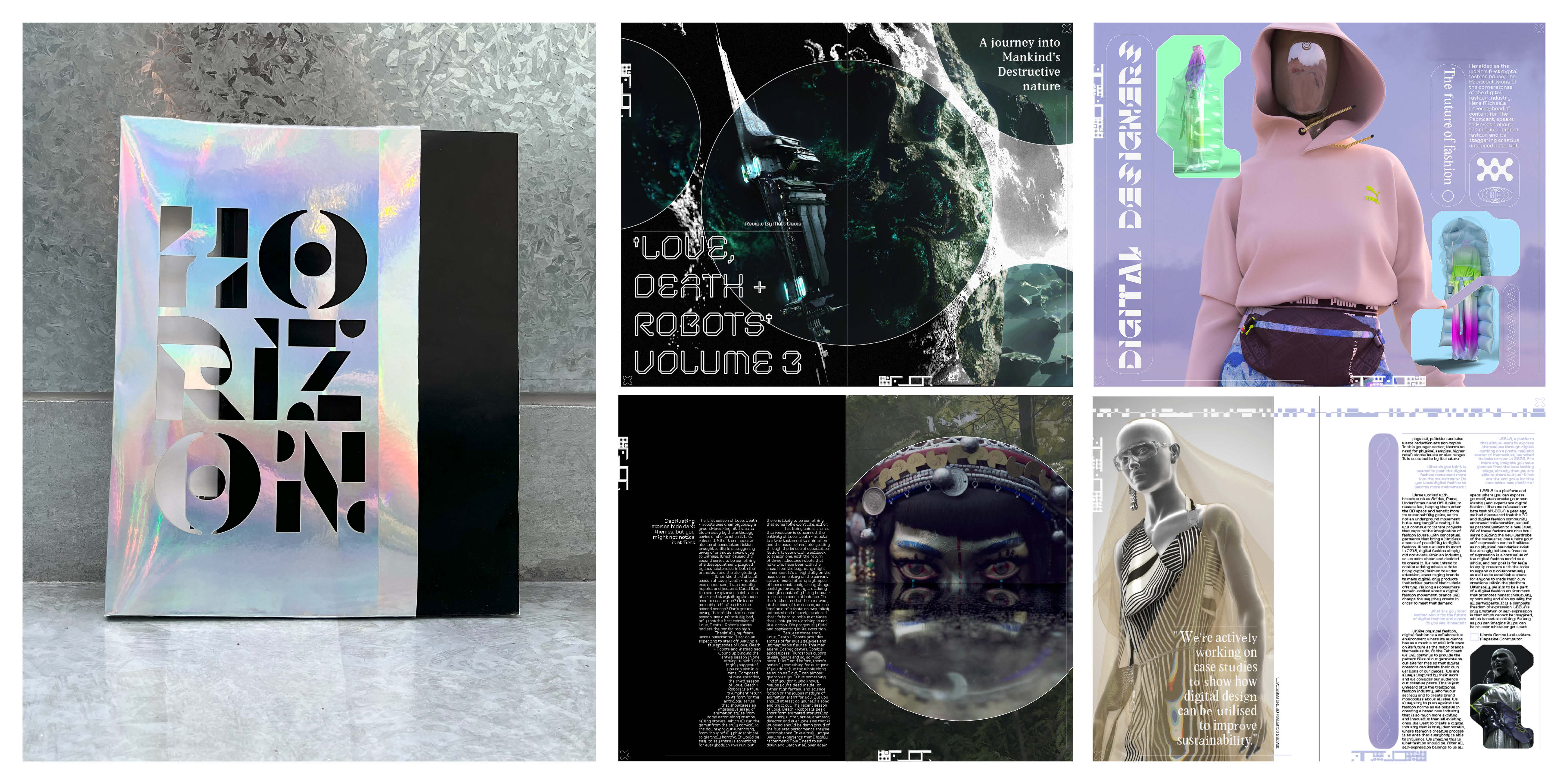 A series of images surrounding The Horizon magazine project, including a holographic slip case cover and two article designs on fashion and television.