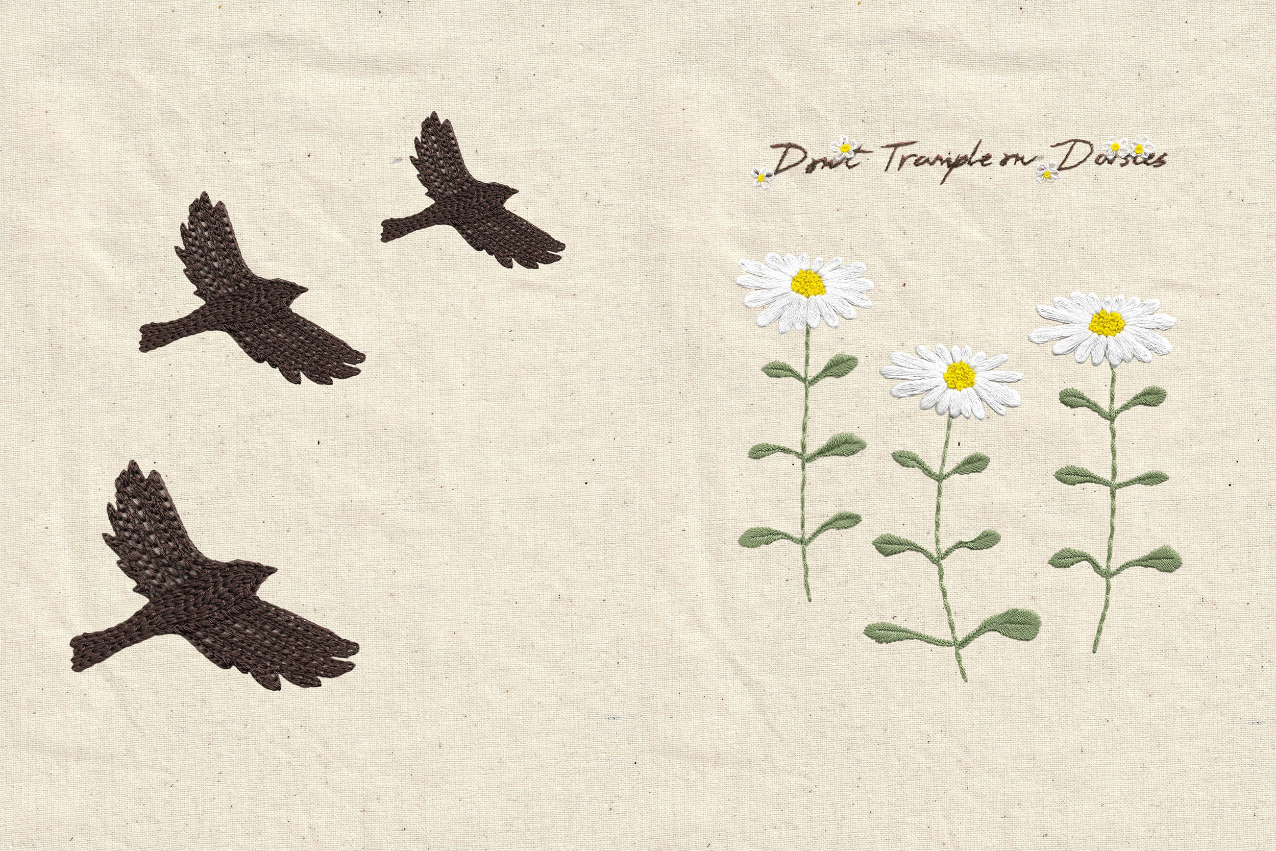Hand embroidery of three flying goldfinch silhouettes on the left and three oxeye daisies on the right with the text 'don't trample on daisies' also embroidered above in cursive font.