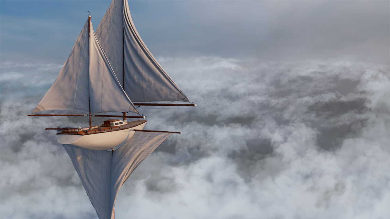 A boat-like looking airship flying above the clouds.