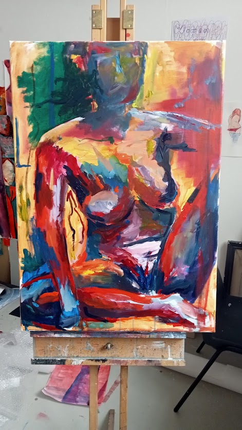Nude self-portrait painting using colourful acrylic paint.