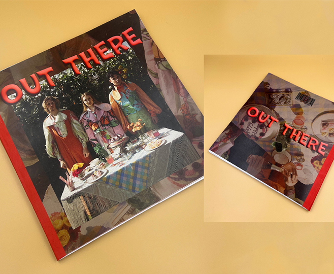 Photo of the front and Back Cover of OUT THERE Magazine on yellow backdrop.